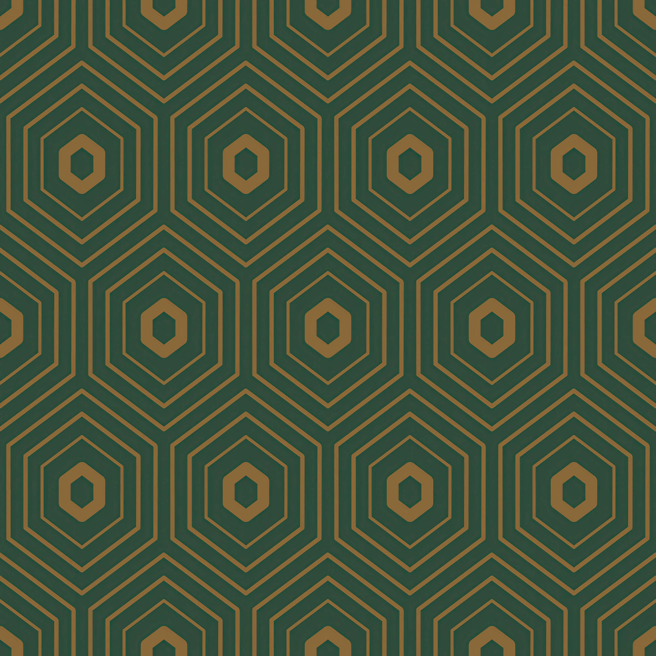 Art Deco geometric wallpaper with gold hexagons on emerald green, modern prism design ideal for accent walls and entryways.