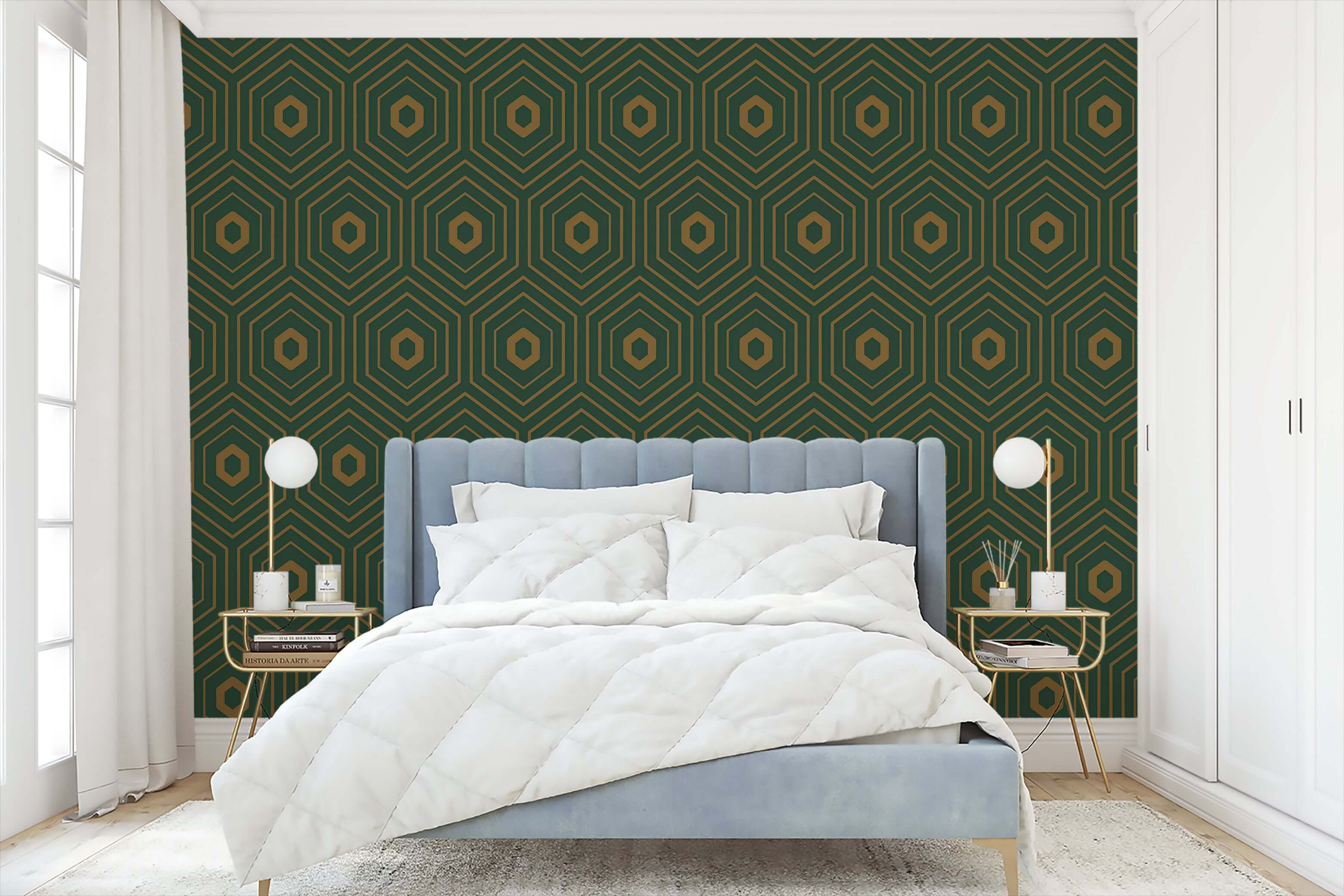 Art Deco Emerald Prism wallpaper with geometric gold hexagons in a modern bedroom setting.