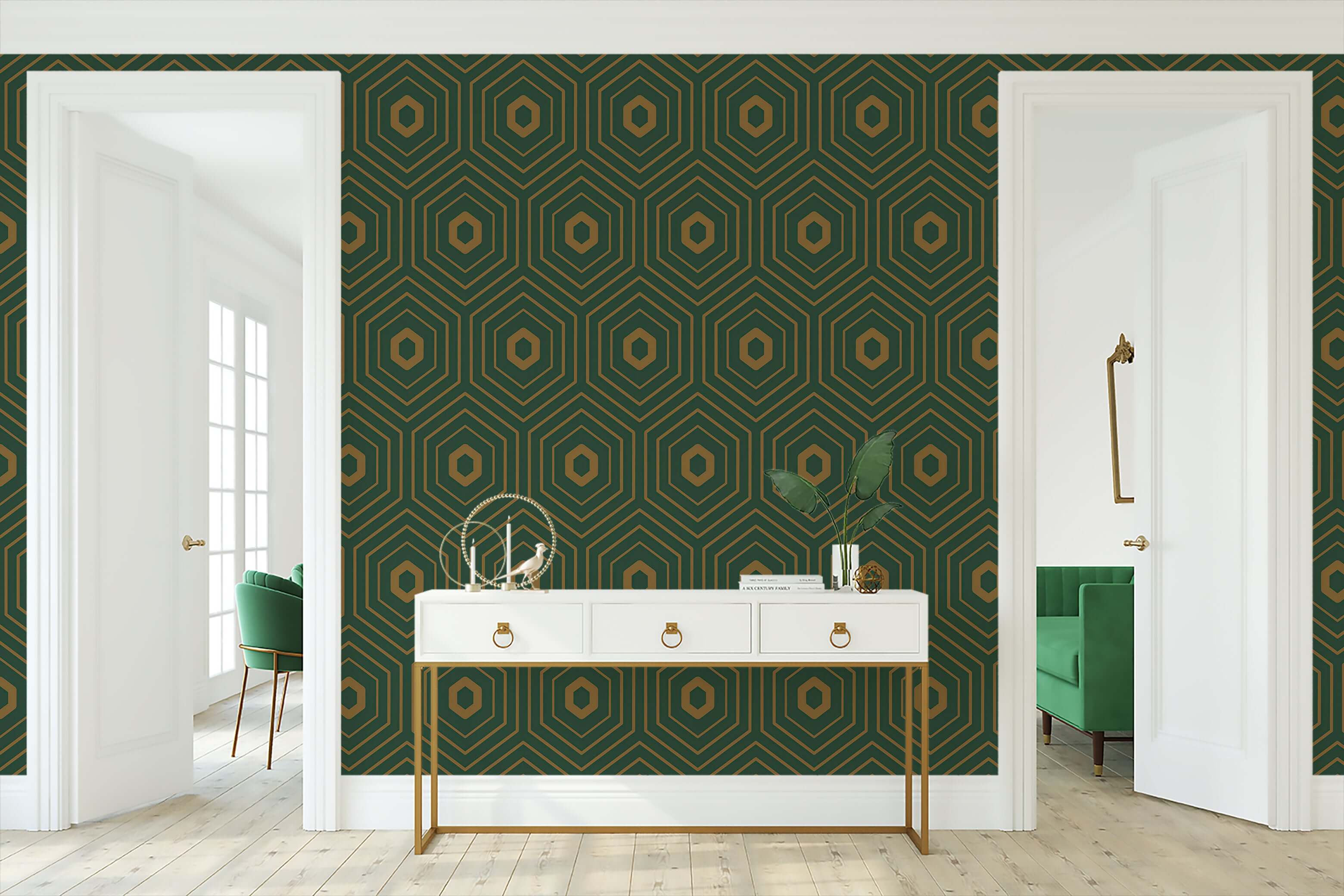Art Deco-inspired geometric wallpaper with gold hexagons on emerald green background, ideal for modern accent walls and entryways.