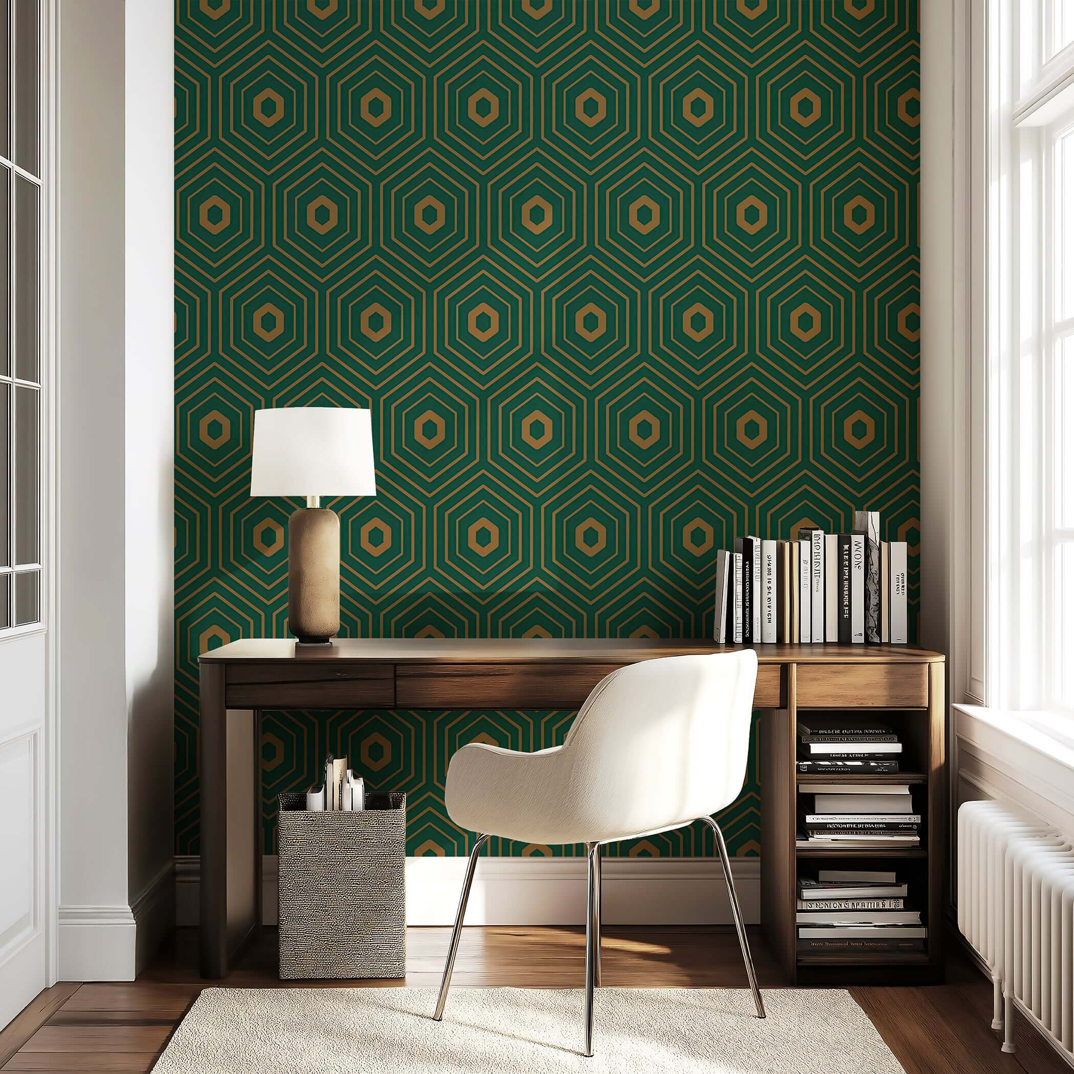 Art Deco geometric wallpaper with emerald green and gold hexagon design, modern sophisticated style for walls and entryways.