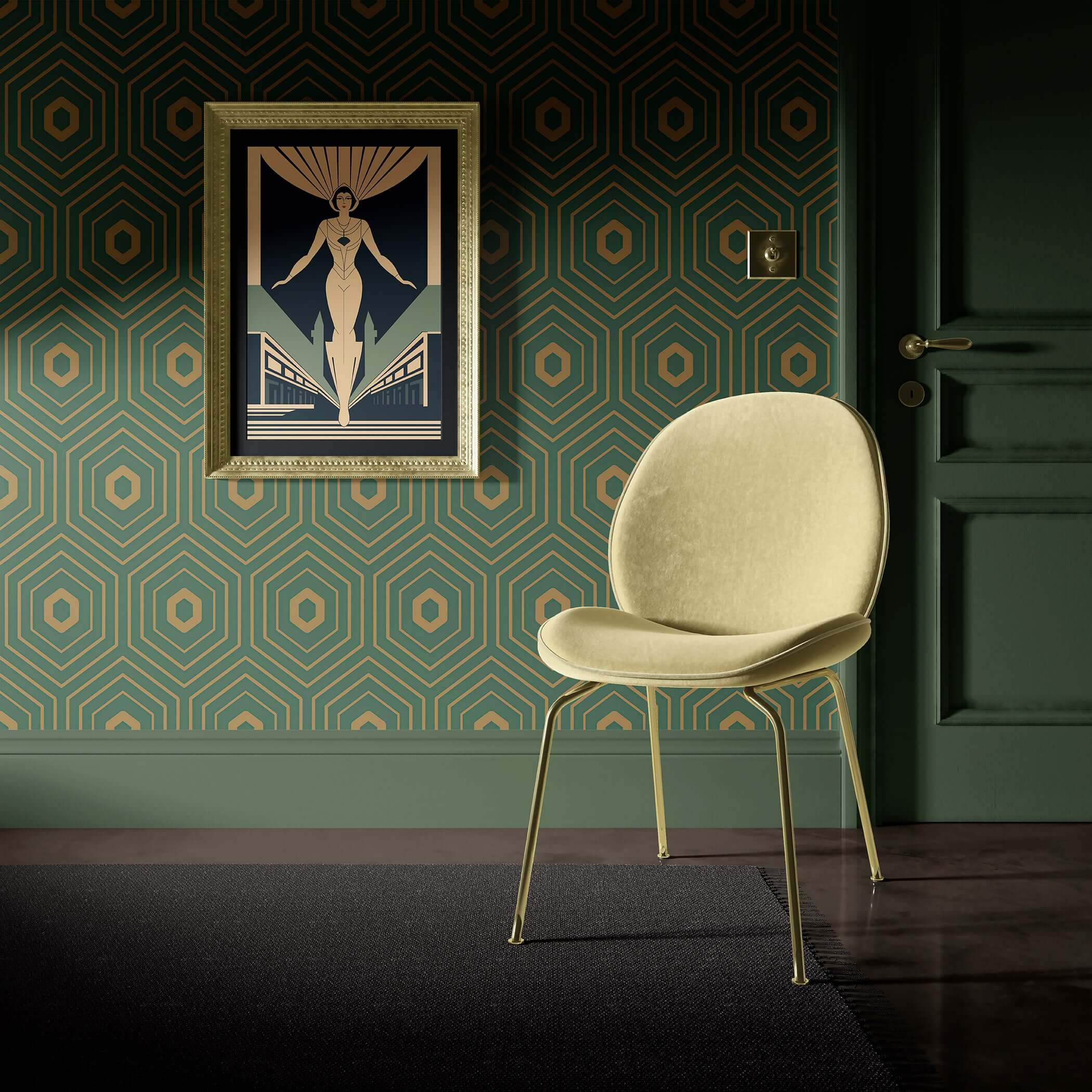 Art Deco geometric wallpaper with emerald and gold hexagons, featuring a modern chair and framed artwork, perfect for accent walls.