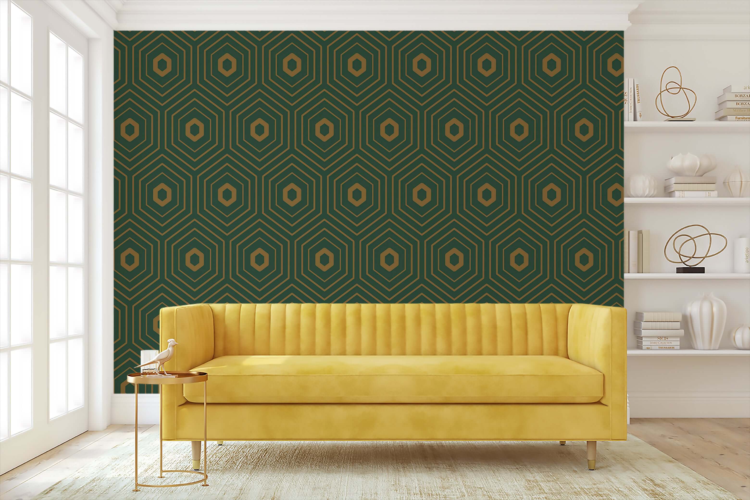 Art Deco-inspired wallpaper with geometric hexagons in gold on emerald green, ideal for modern accent walls.