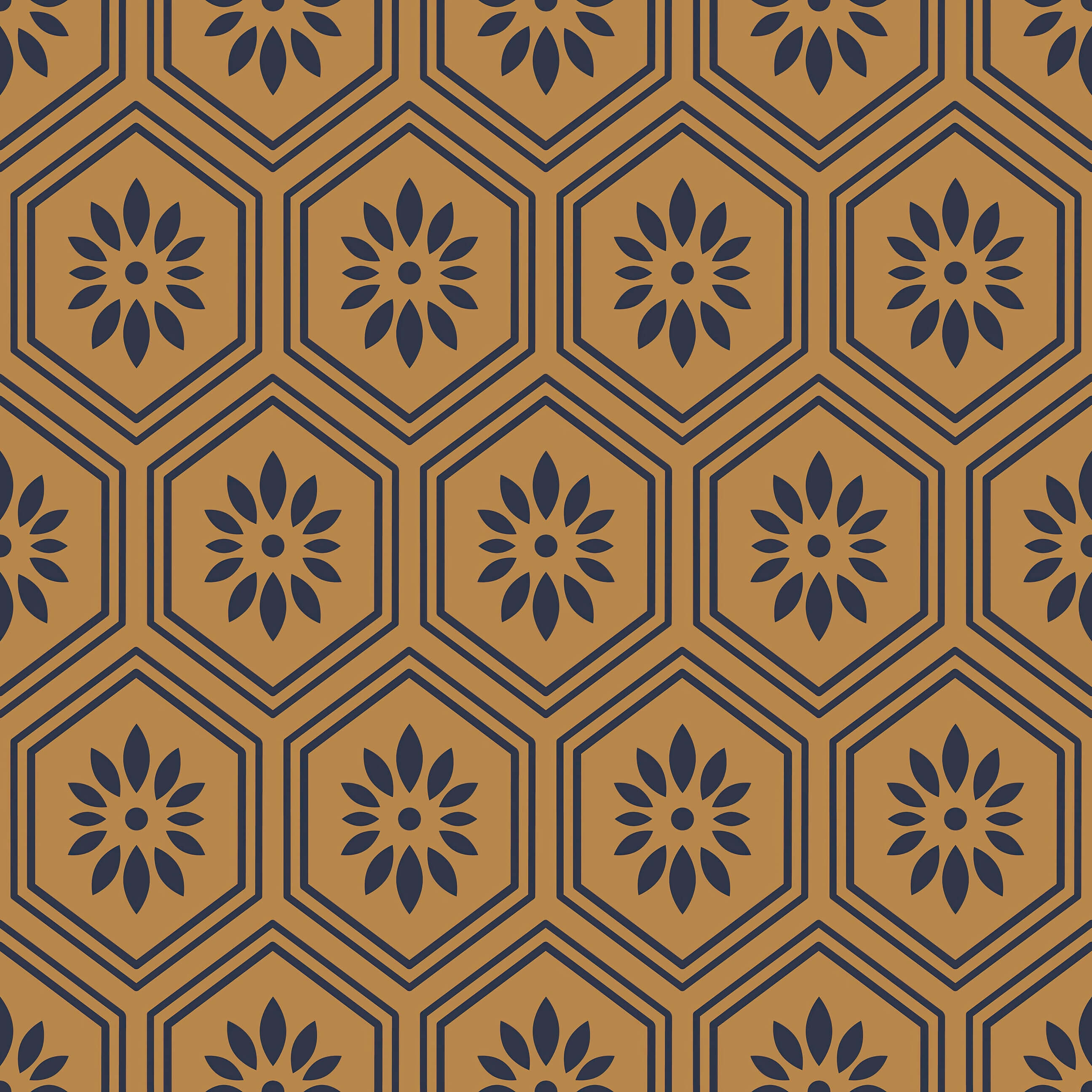 Art Deco geometric floral wallpaper with black petals in honeycomb pattern on ochre background, perfect for modern accent walls.