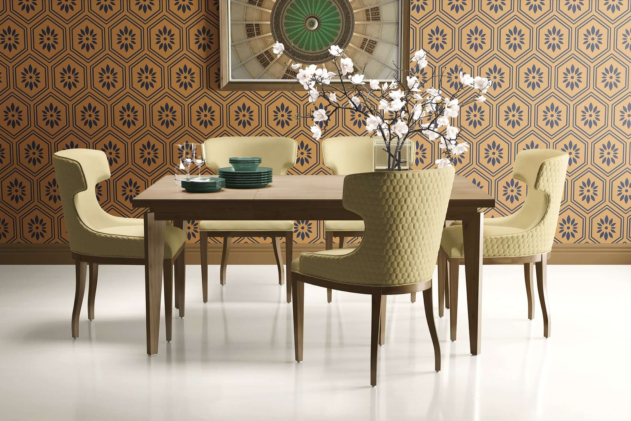 Dining room with Honeycomb Bloom geometric floral wallpaper featuring art deco style in ochre, modern decor with wooden table and chairs.