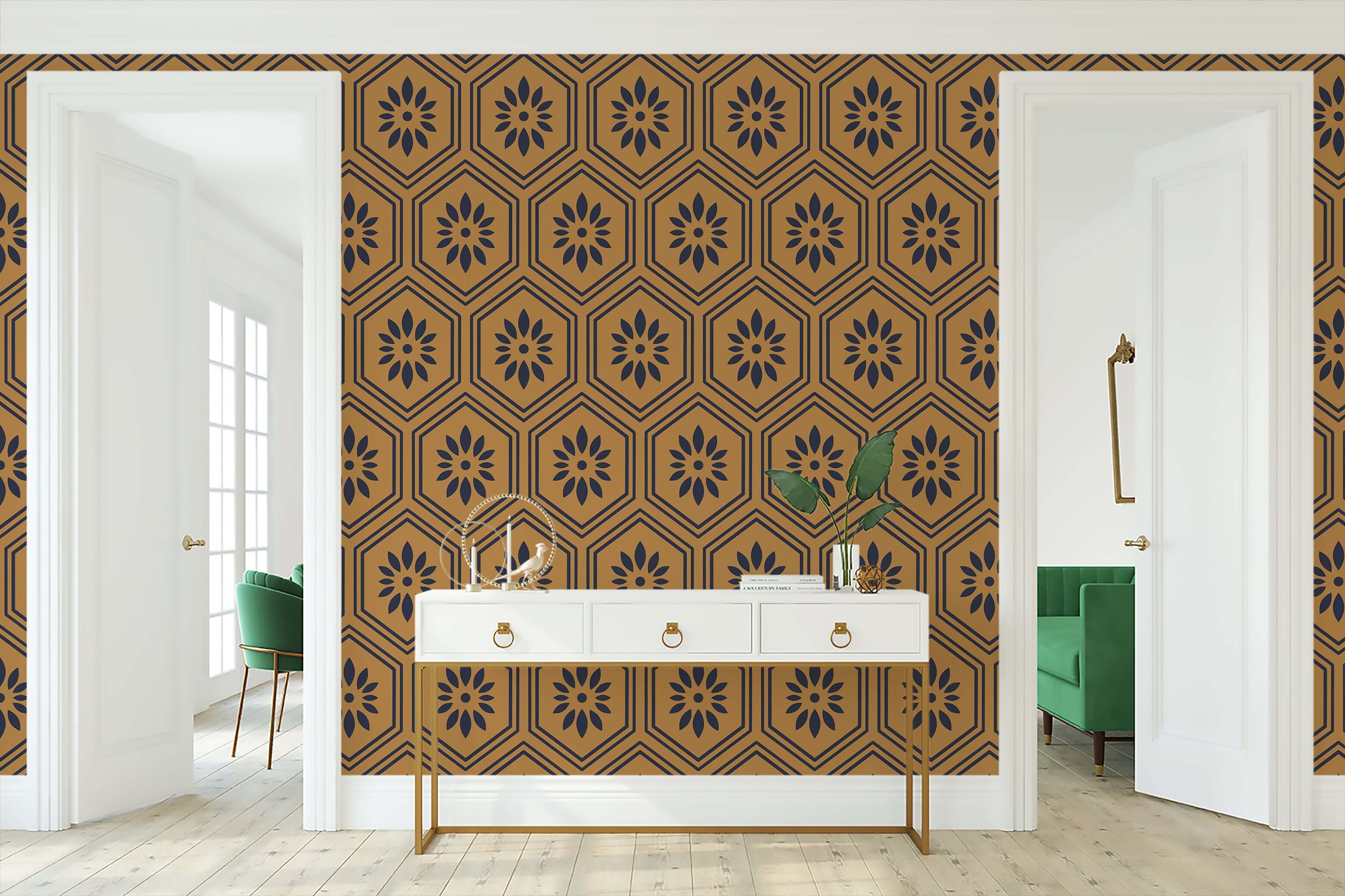 Art deco geometric wallpaper with black petal designs in hexagons on an ochre background, perfect for modern accent walls.