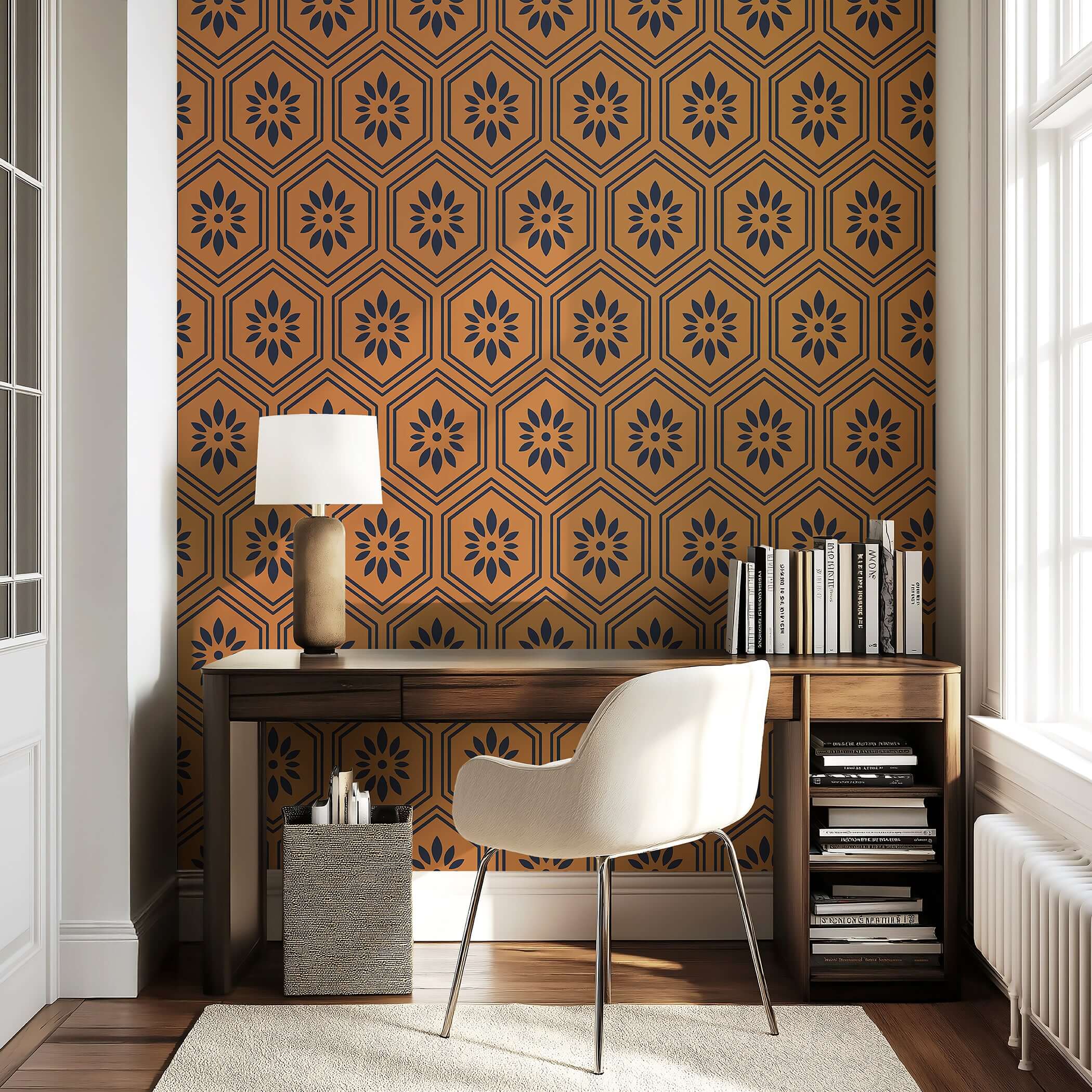 Art deco geometric floral wallpaper in ochre with black hexagon pattern, adding modern elegance to an accent wall in a stylish room.