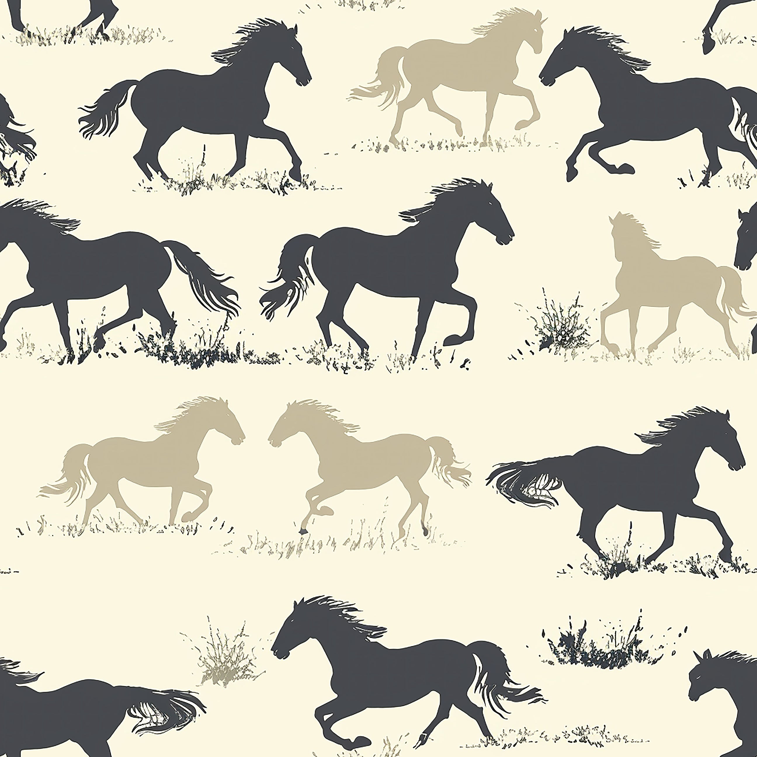 Dynamic Prairie Run wallpaper with horse silhouettes in black, brown, and tan, perfect for adding natural elegance to any space.