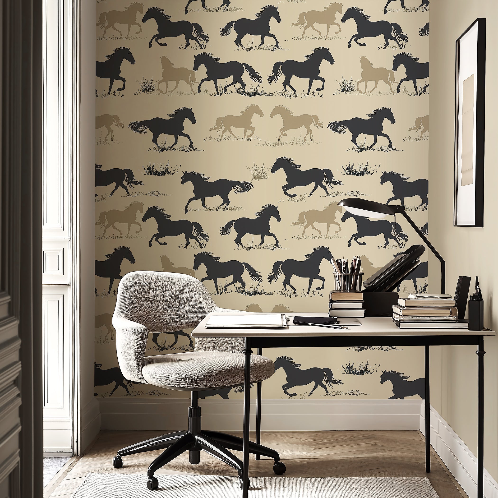 Prairie Run wallpaper featuring black, brown, and tan horse silhouettes adding elegant, natural movement to a stylish interior space.