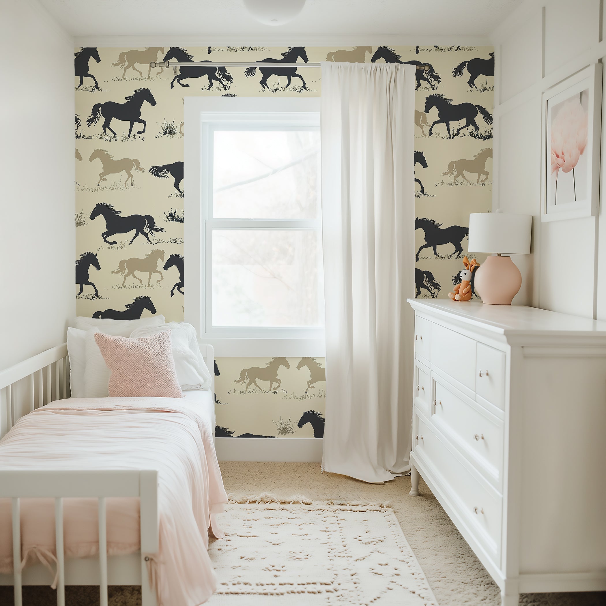 Prairie Run wallpaper featuring silhouettes of horses in black, brown, and tan, adding elegance and movement to a bedroom space.