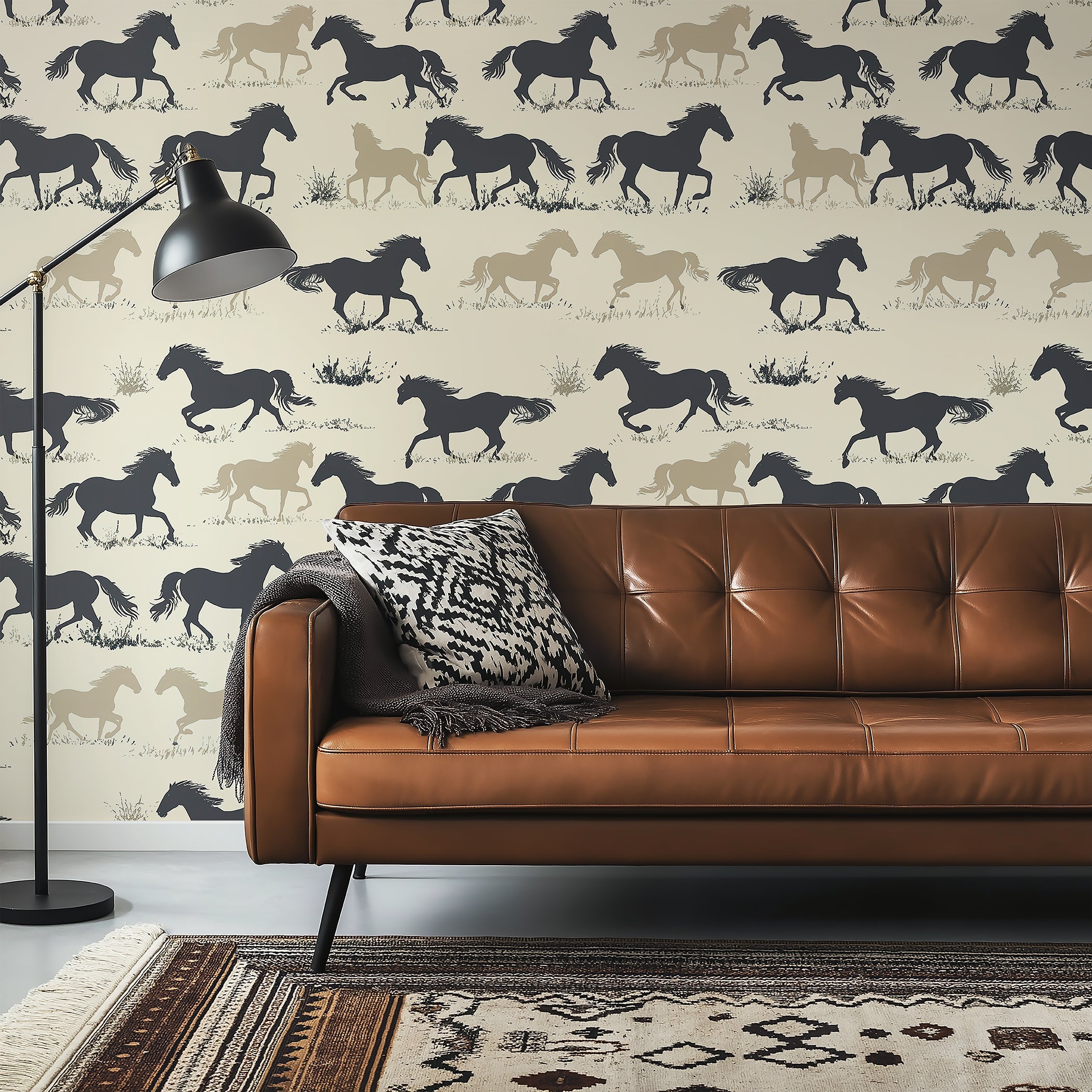 Prairie Run Wallpaper with black, brown, and tan horse silhouettes adds elegance and western charm to rooms, featuring animals and open plains.