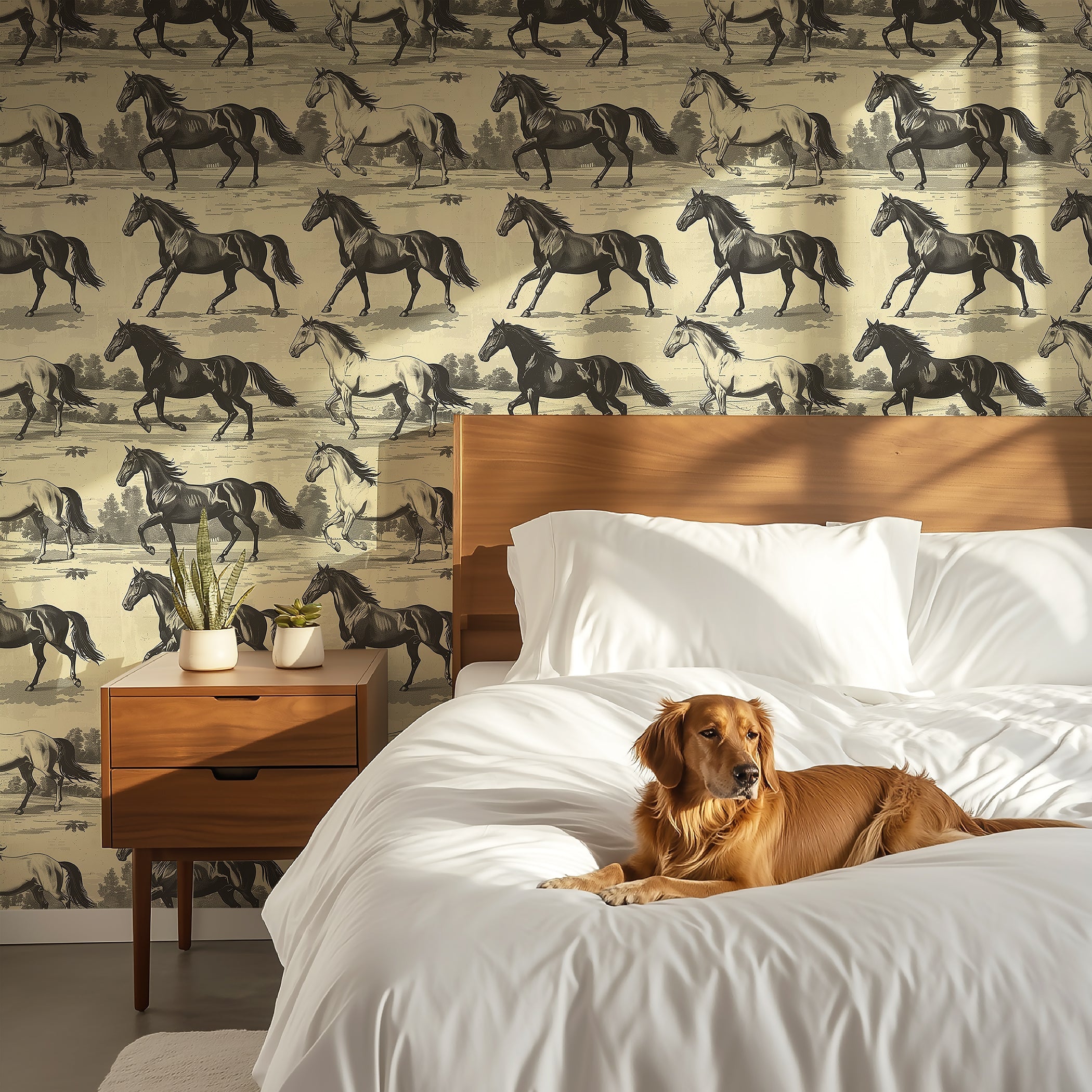 Interior with Timeless Trot horse wallpaper in brown and tan, featuring horses, and a cozy dog resting on a white bed.