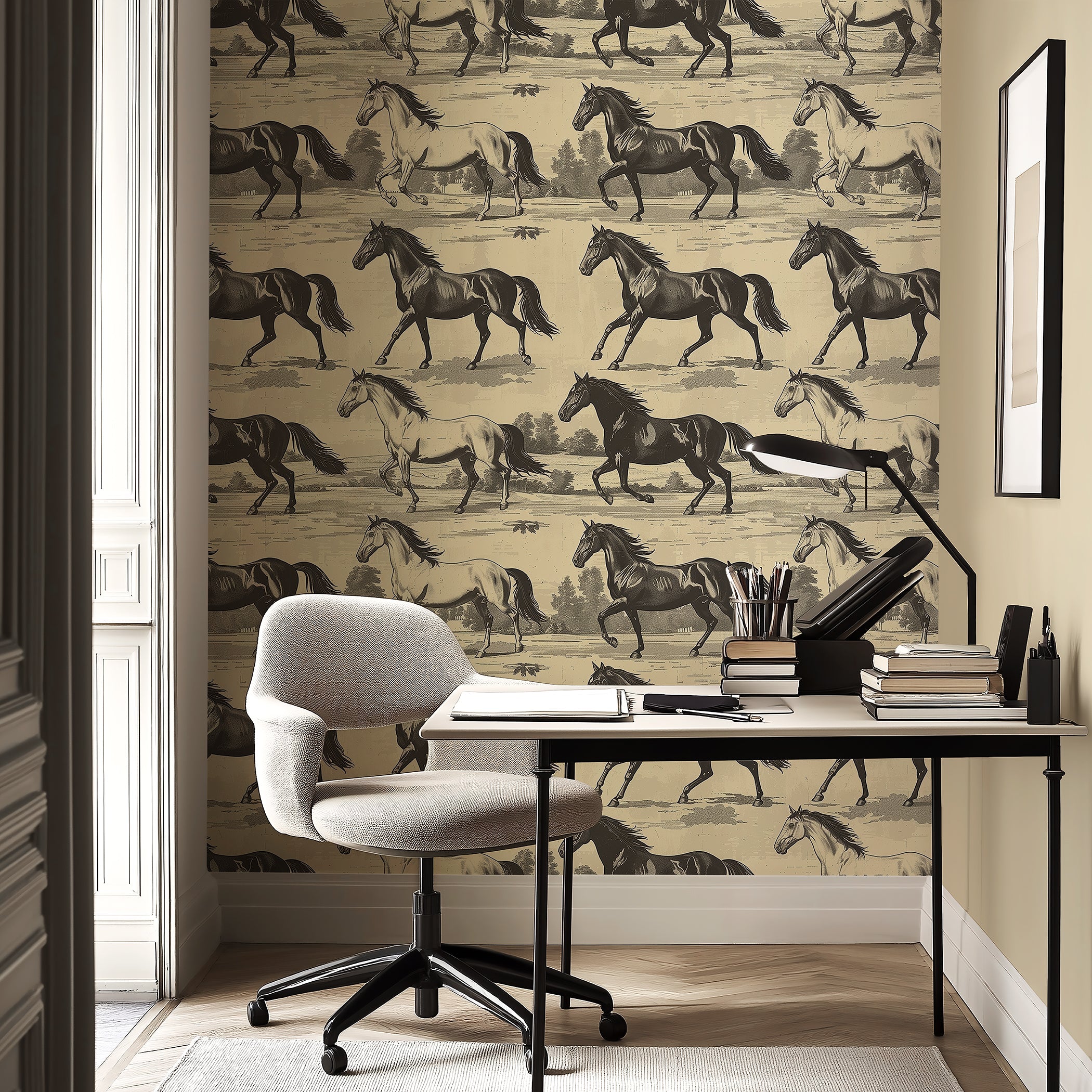 Timeless Trot vintage horse wallpaper with black and tan horses in countryside, perfect for traditional and rustic interiors.