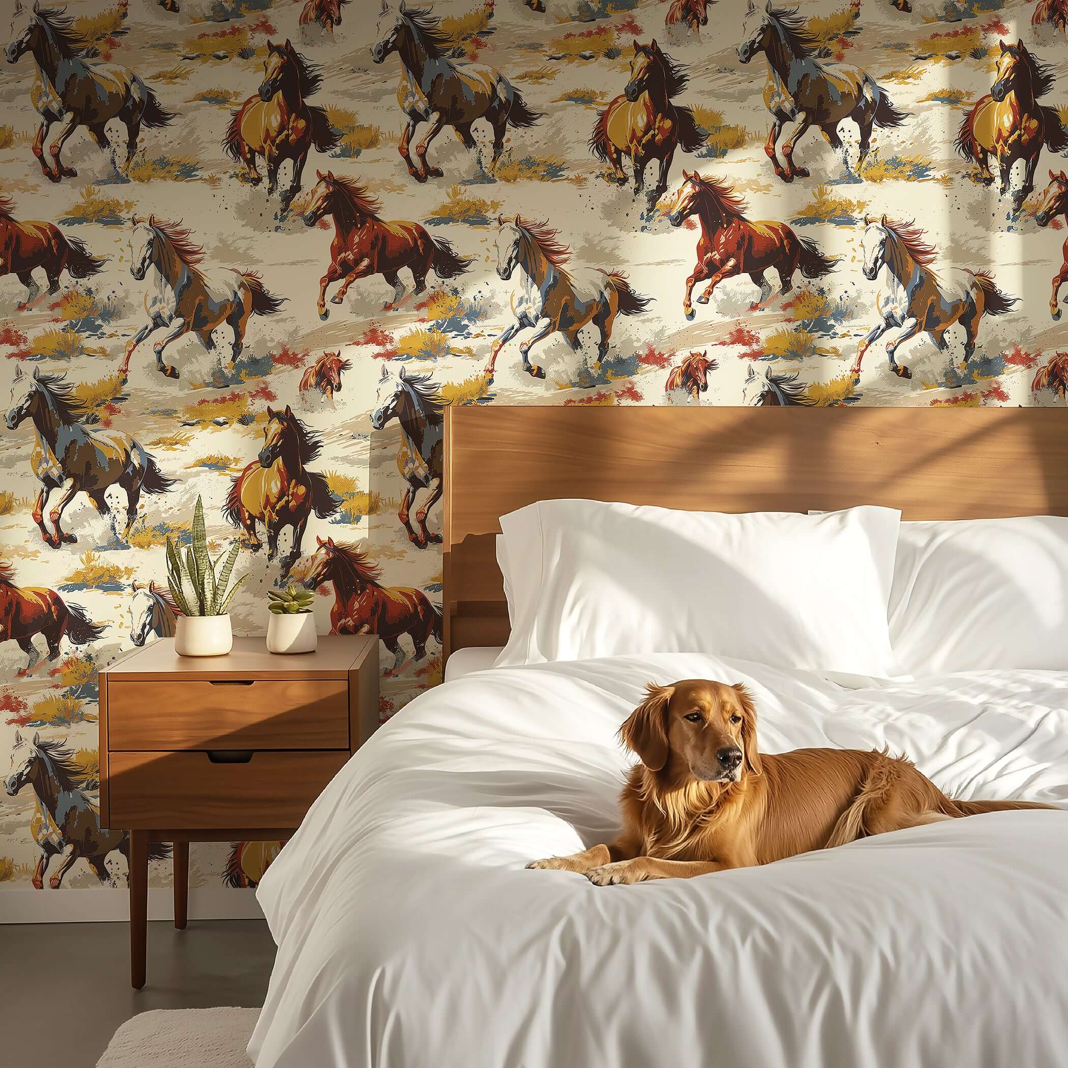 Spirit of the West wallpaper featuring galloping horses in desert tones, enhancing a modern bedroom with rustic, Western décor.