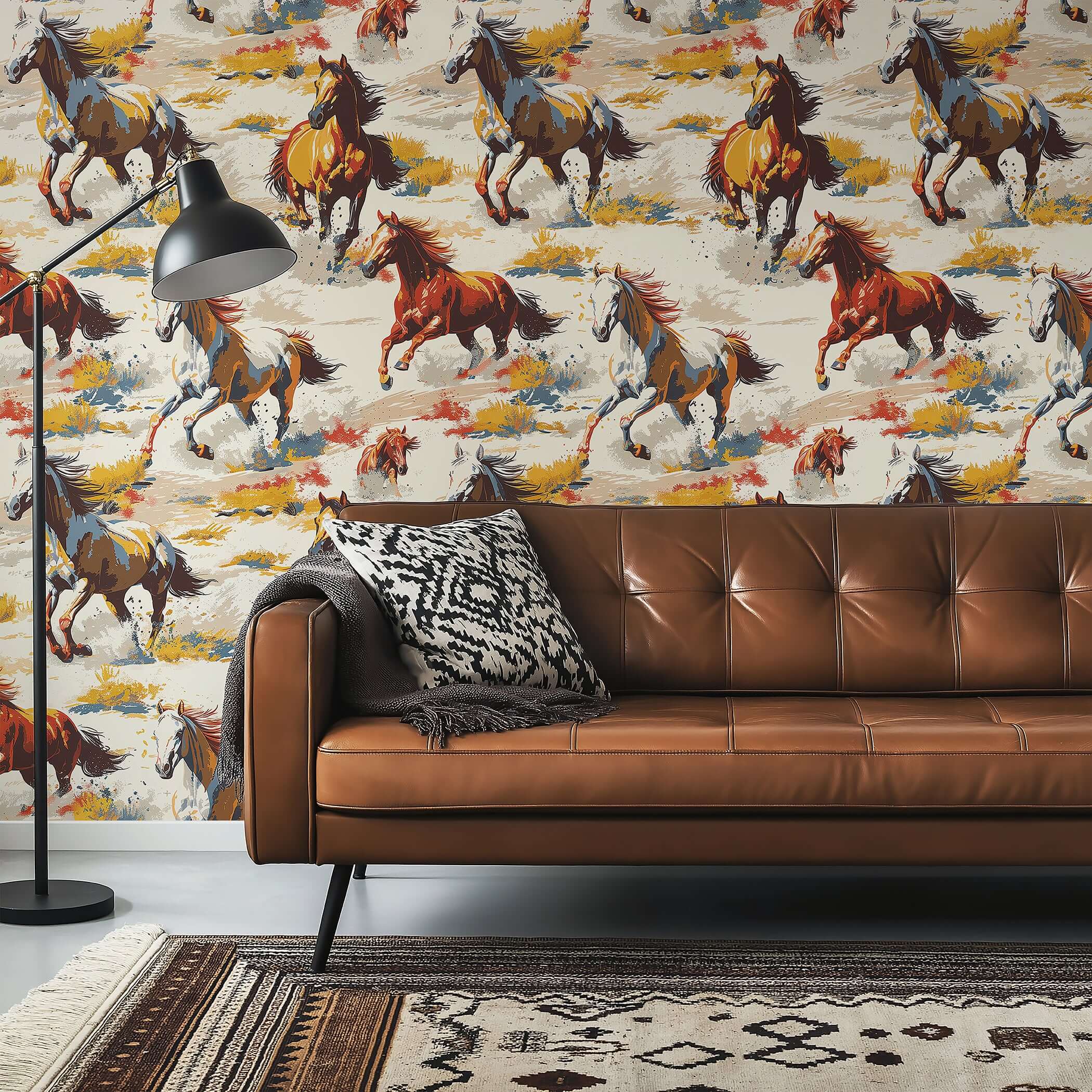 Modern wallpaper with horses over desert terrain, featuring rust and gold tones, ideal for Western-themed interiors and ranch homes.