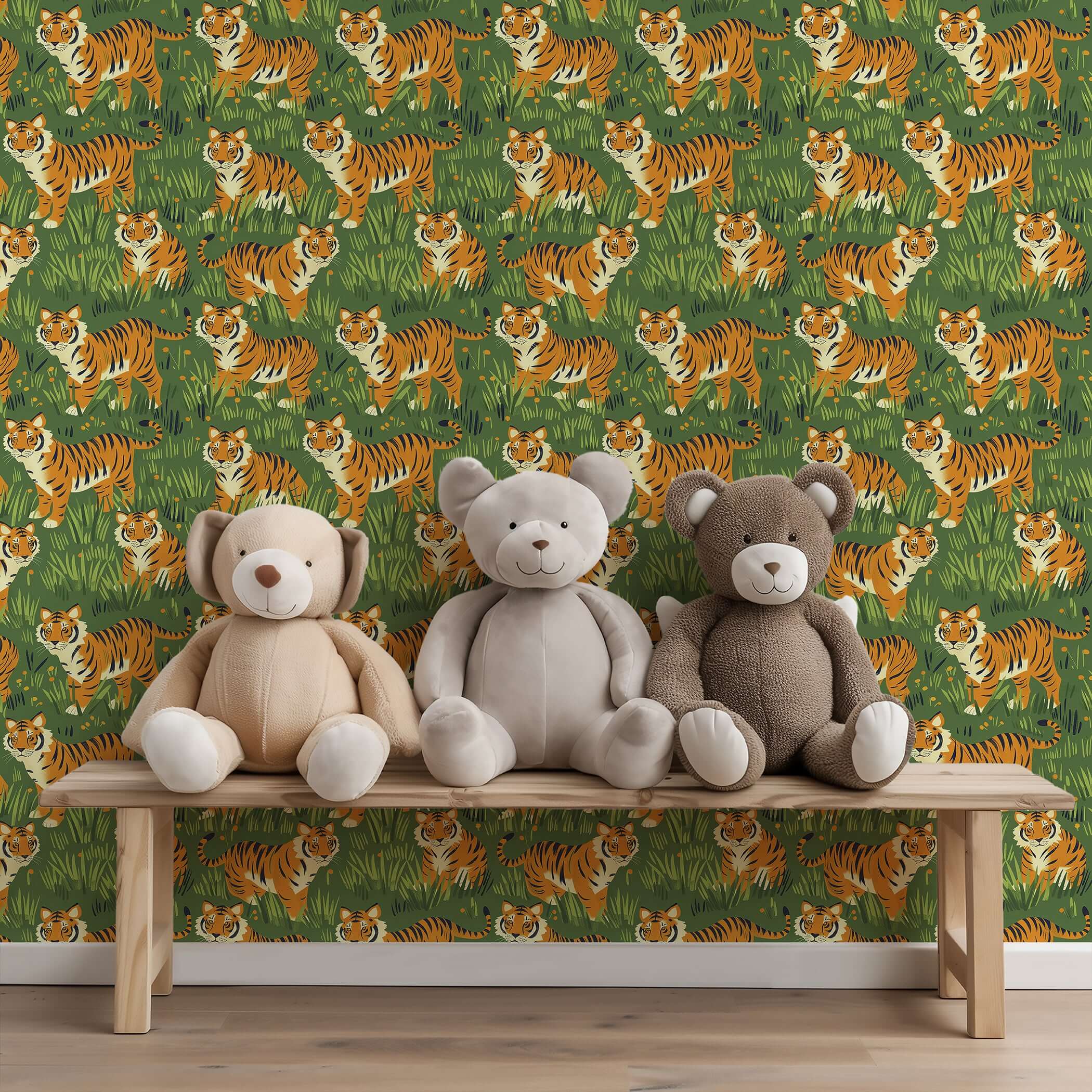 Lively Tiger Kingdom wallpaper featuring playful tigers roaming through green grass, perfect for children's nursery or playroom décor.