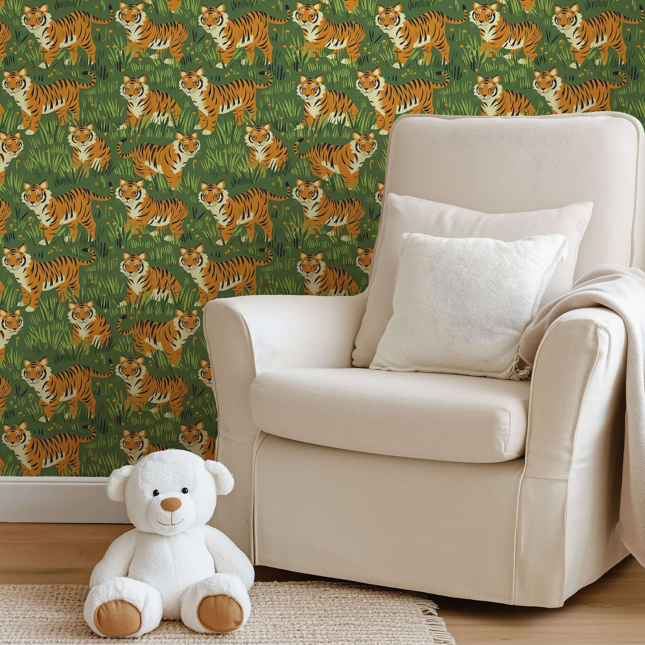 Tiger Kingdom wallpaper featuring tigers in green grass, perfect for a children's nursery, playroom, or jungle-themed decor.