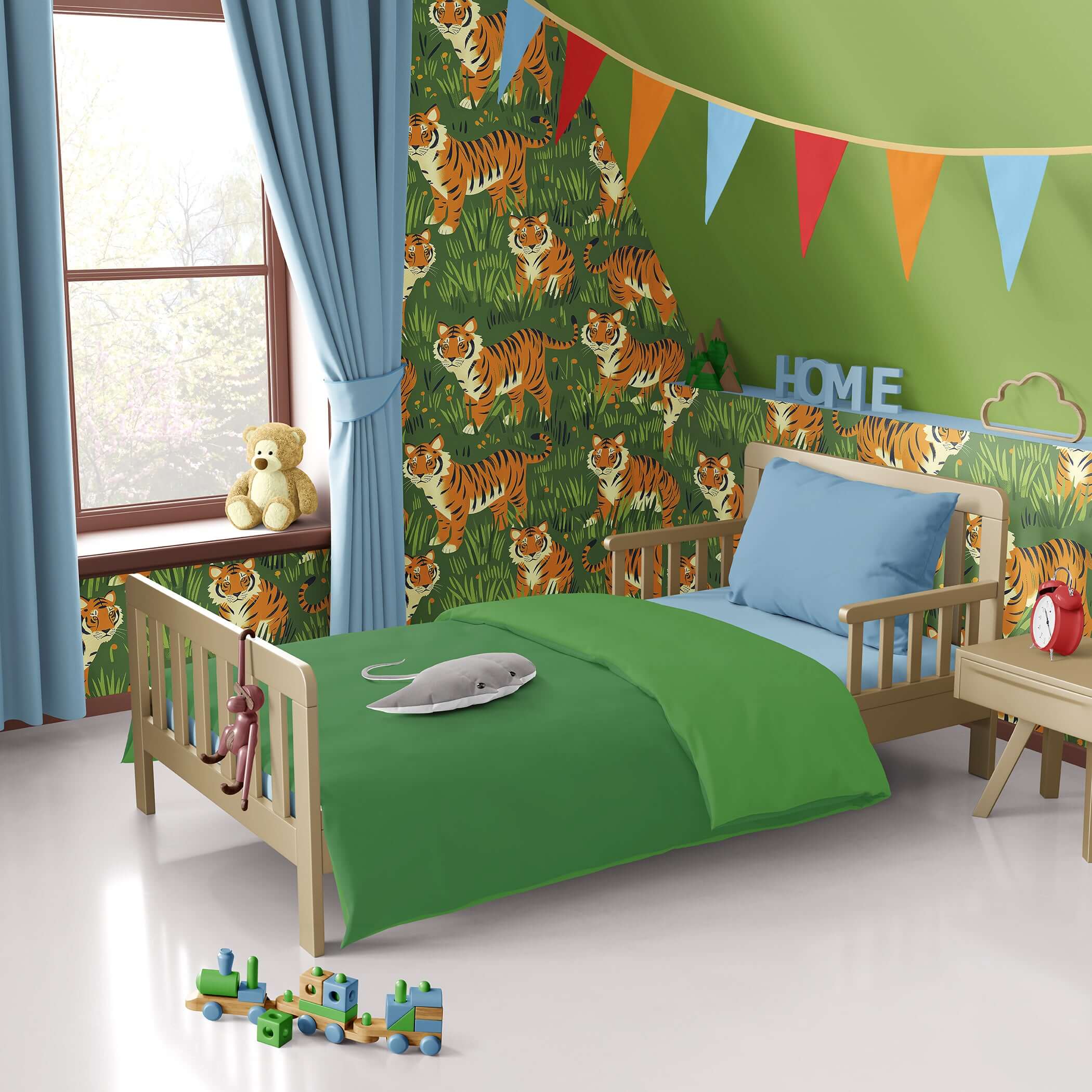 Children's room with playful Tiger Kingdom wallpaper featuring tigers in jungle; perfect for nursery or playroom décor.