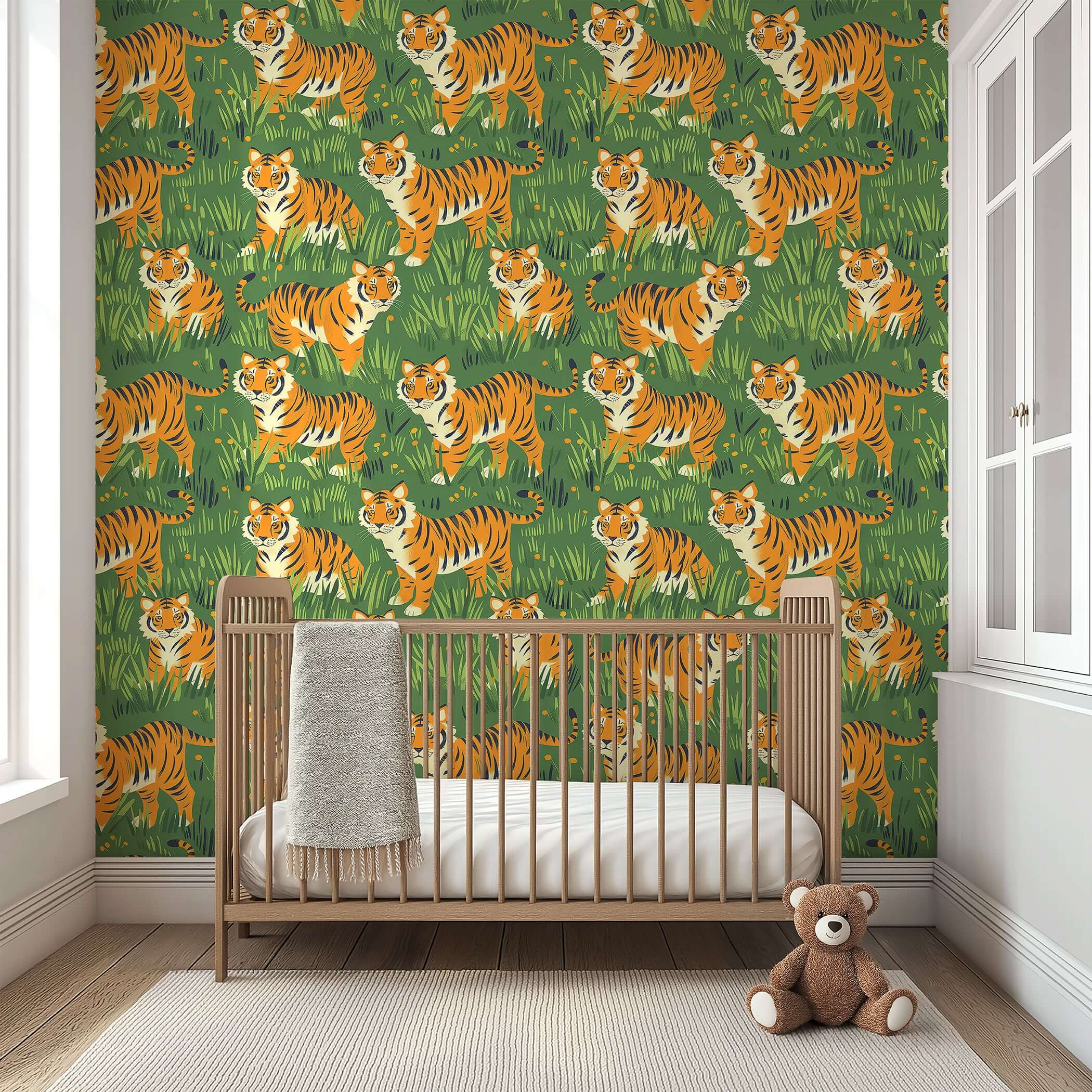 Tiger Kingdom wallpaper with friendly tigers in a jungle scene, perfect for children’s nursery or playroom with baby crib in view.