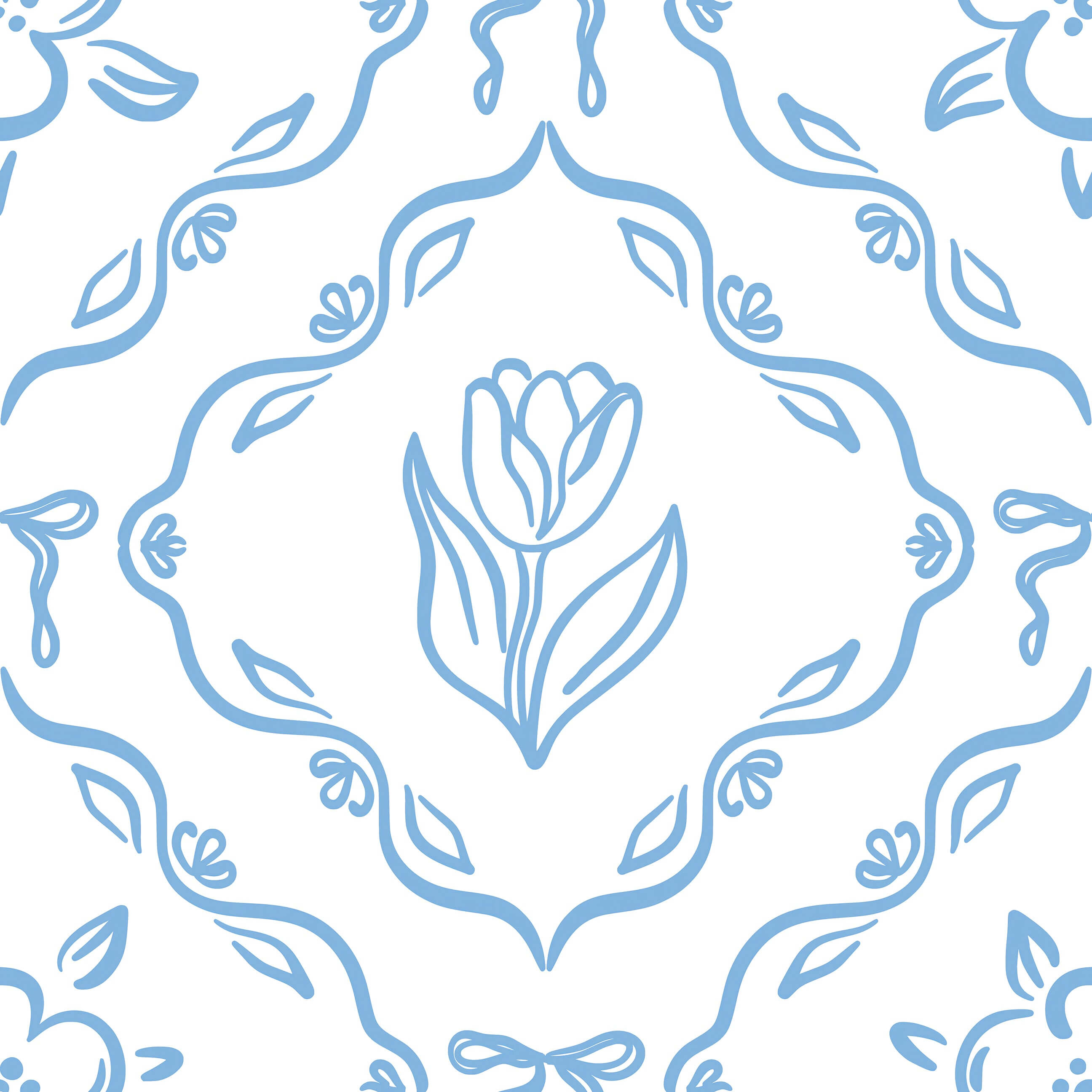 Elegant hand-drawn blue tulip wallpaper, perfect for French cottage-style playroom nursery with a classic European floral design.