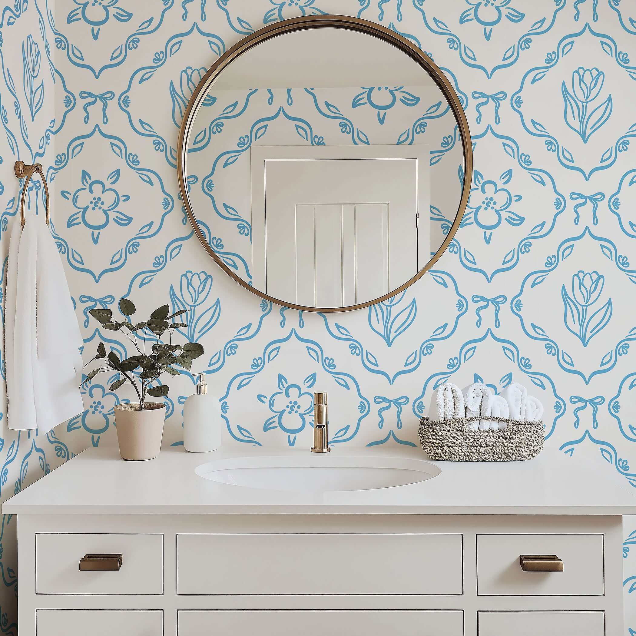 Classic blue tulip wallpaper in a bathroom; perfect for adding French cottage charm to children’s playrooms or nurseries.
