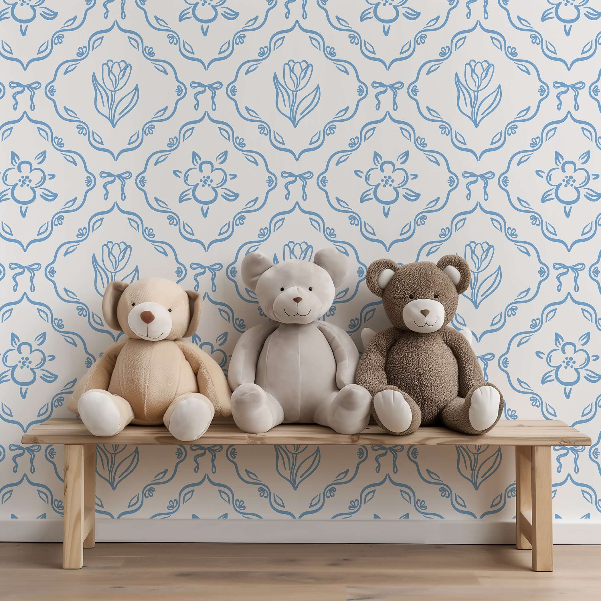 Playroom with plush teddy bears on a bench against 'Little Dutch Delight' wallpaper featuring blue tulips, perfect for a French cottage style.