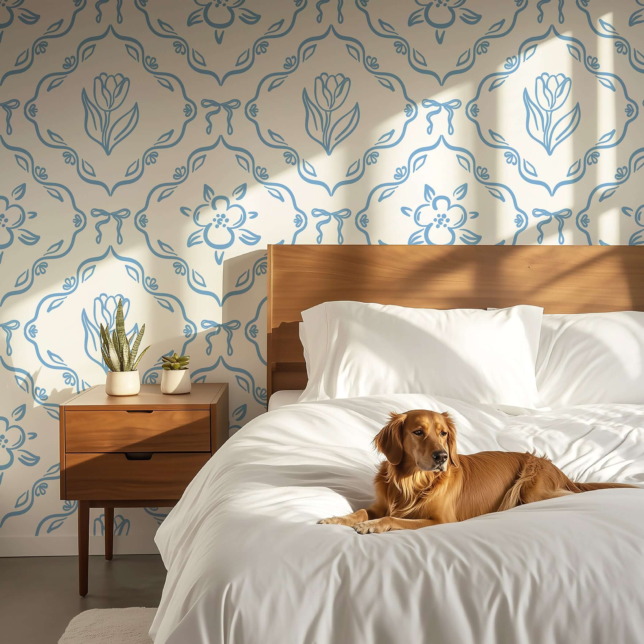 Alt Tag: Little Dutch Delight wallpaper with blue tulip motifs, perfect for a French cottage-style children's playroom or nursery.