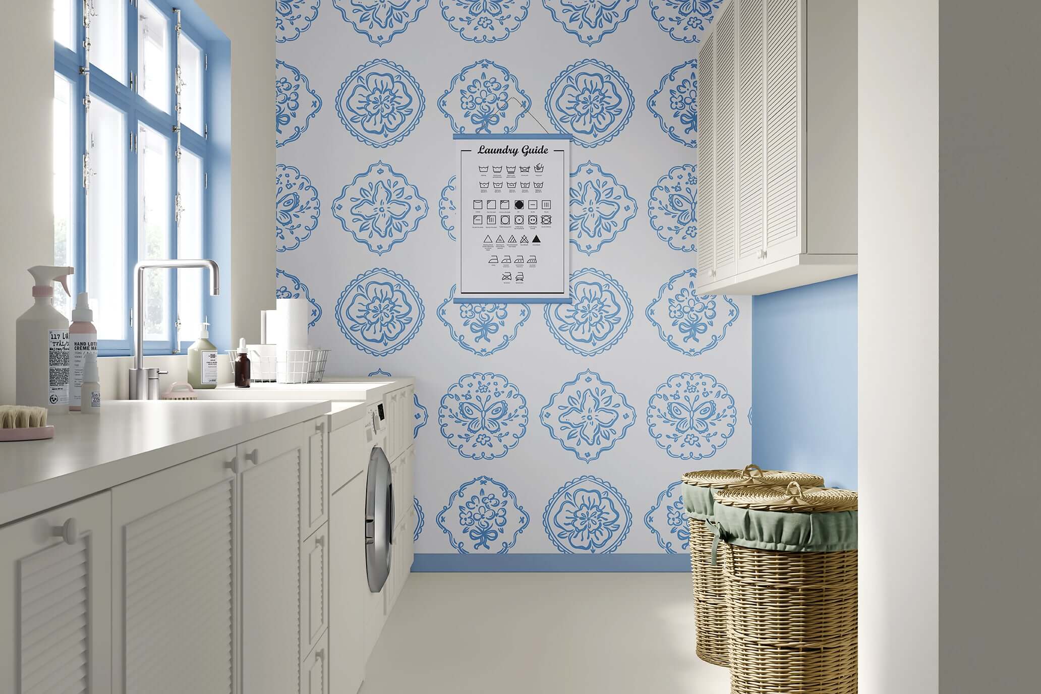 Elegant French country style room with Chateau Garden floral blue wallpaper, perfect for children's nursery or playroom.