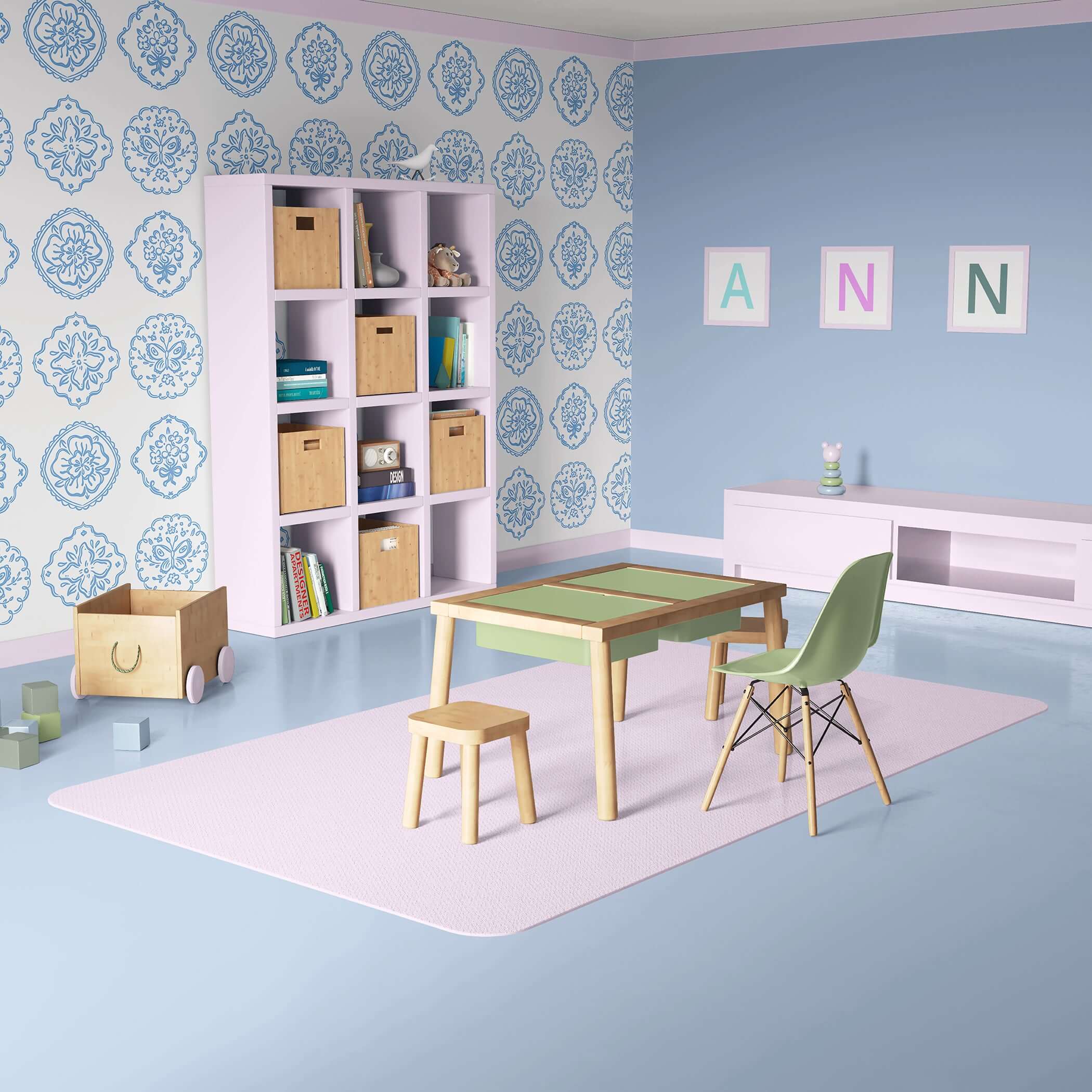 Chateau Garden wallpaper with soft blue floral medallions enhances a nursery playroom with French elegance and botanical charm.