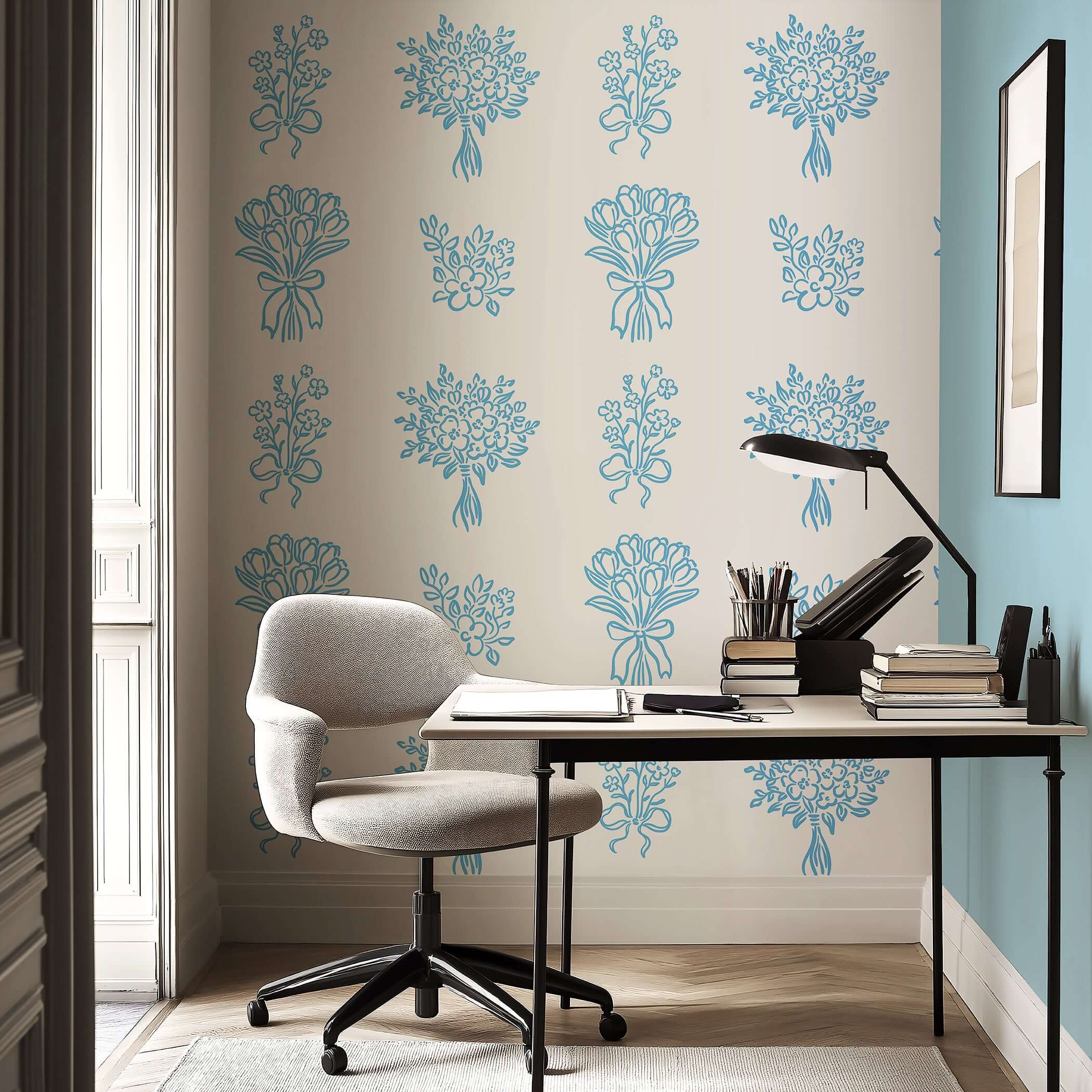 Blue Ink Botanicals wallpaper with hand-drawn blue floral patterns on white, perfect for timeless cottage and French country design.