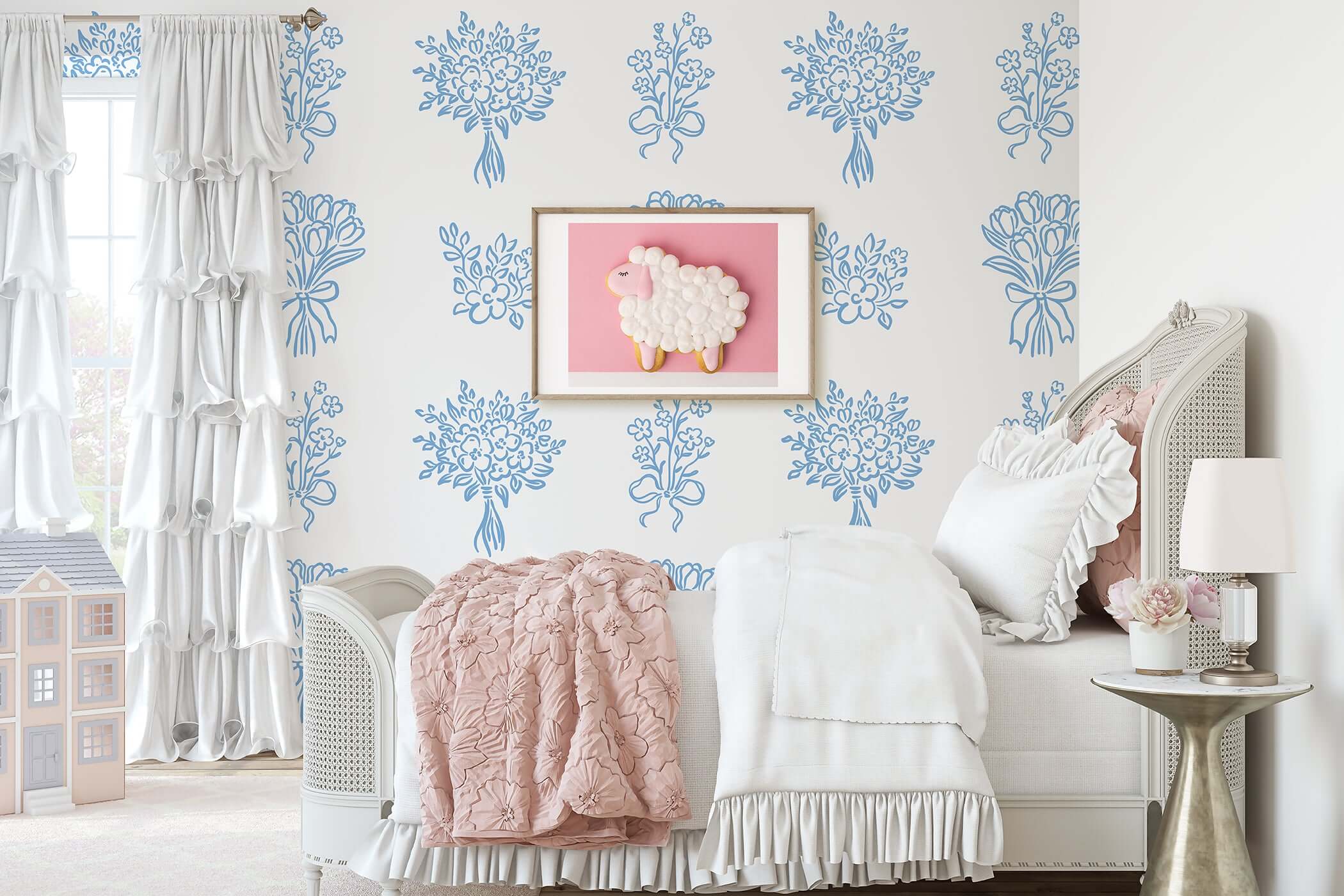 Timeless Blue Ink Botanicals Wallpaper with floral design on white, perfect for cottage and vintage styles in bedrooms and nurseries.