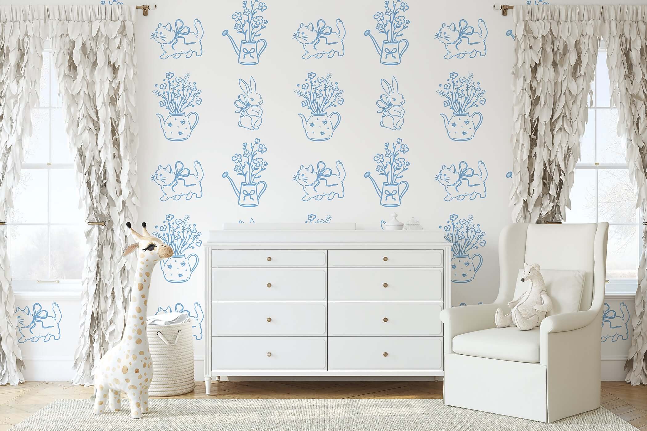 Modern contemporary wallpaper with playful kittens, floral teapots, and whimsical designs perfect for nurseries and cozy corners.