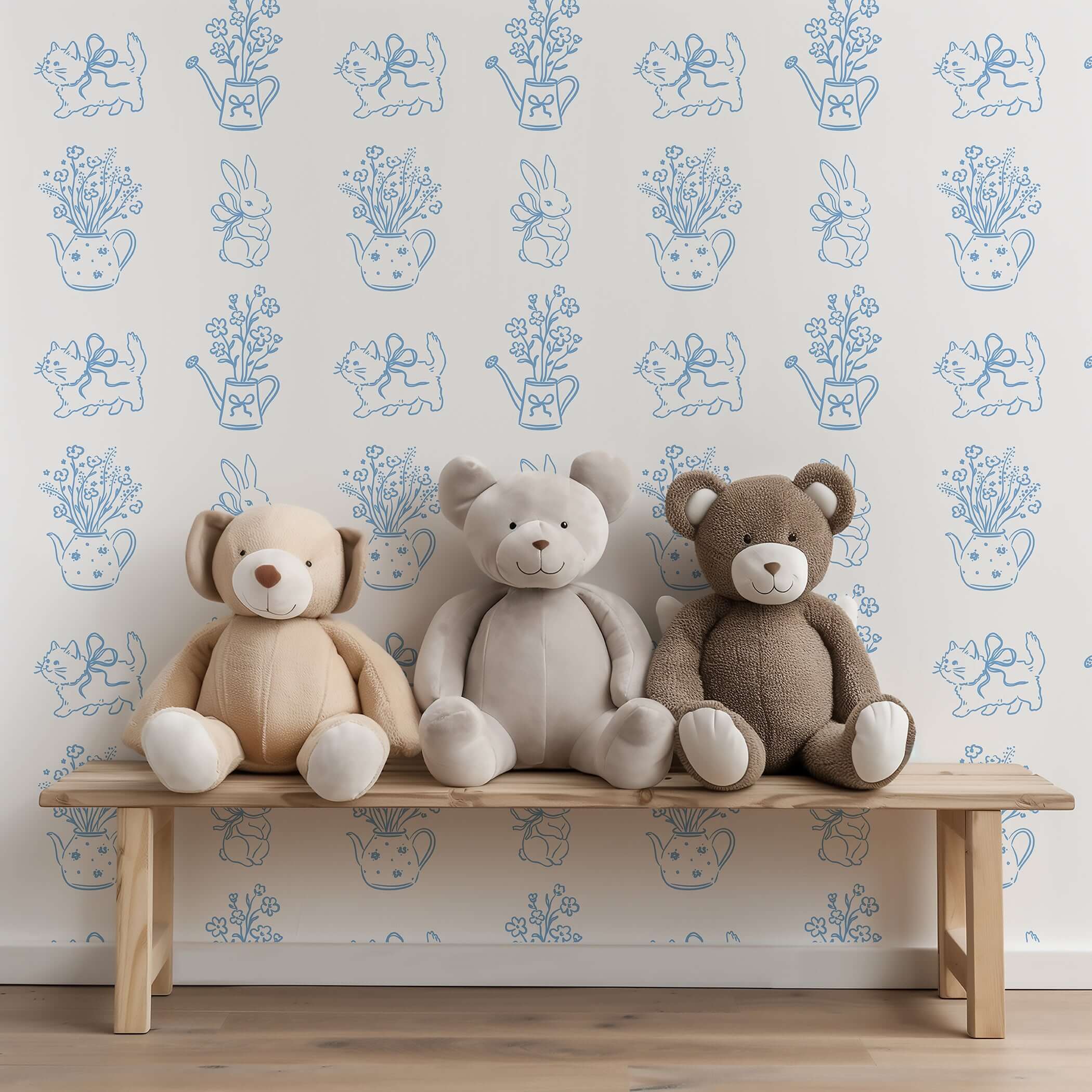 Enchanting bow-tied kitten wallpaper with flowers, teapots, and plush toys in a modern contemporary nursery setting.