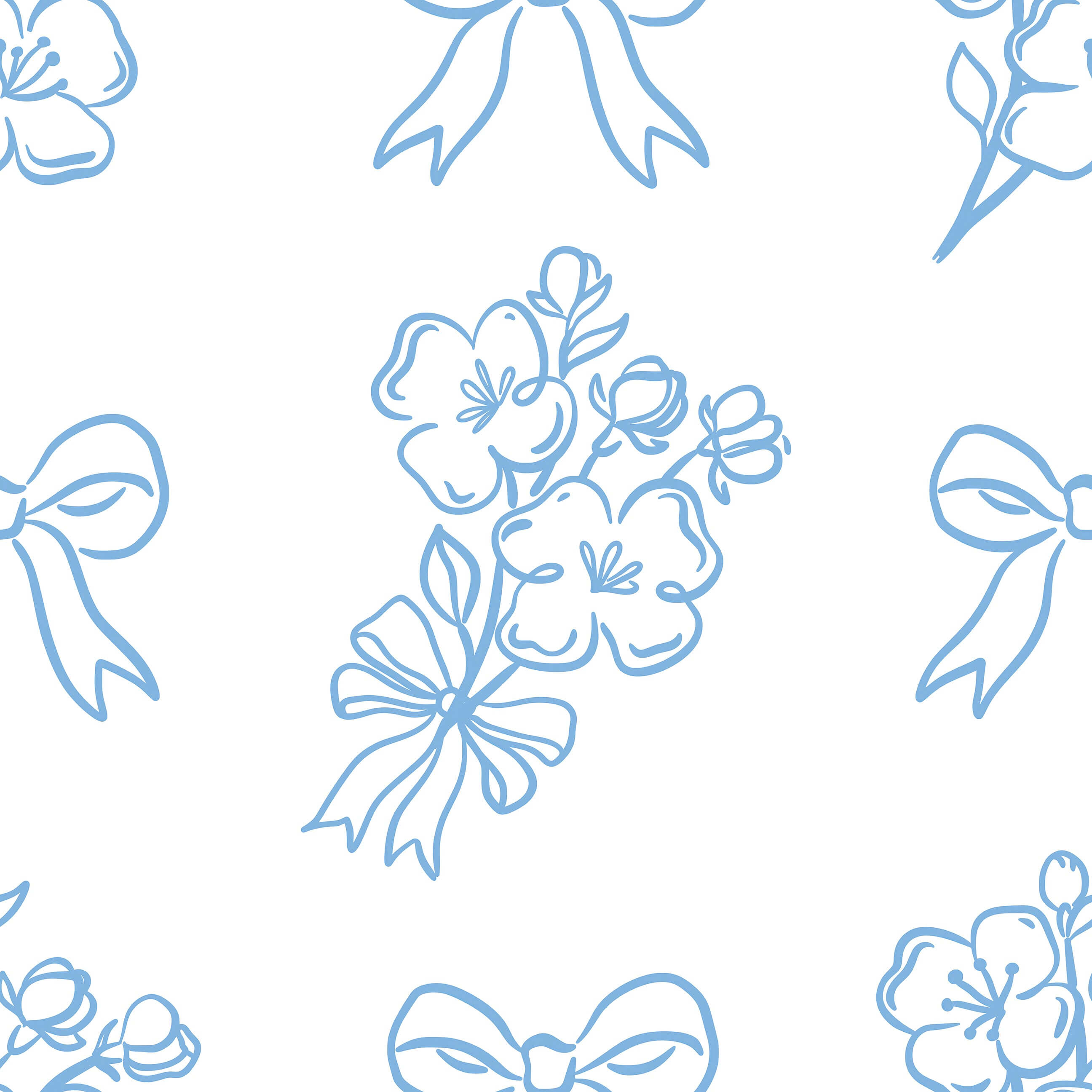 Delicate blue ribbon and flower pattern on white wallpaper, ideal for that French romantic vibe in any room.