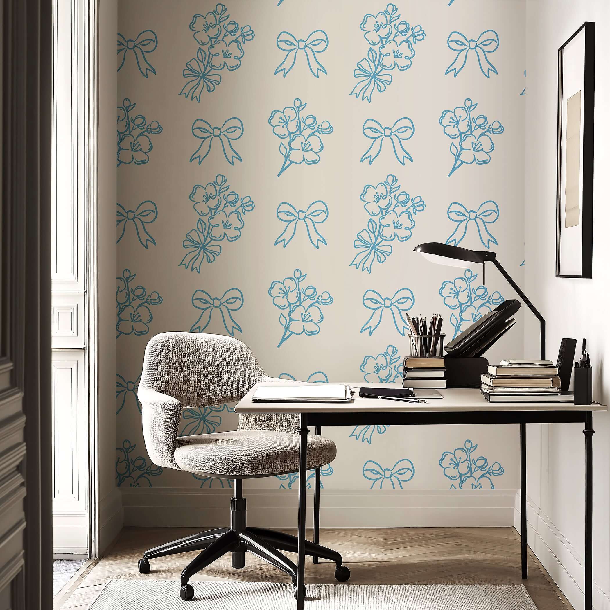Elegant French wallpaper with blue hand-drawn floral sprigs and ribbons on white background, perfect for romantic, charming spaces.