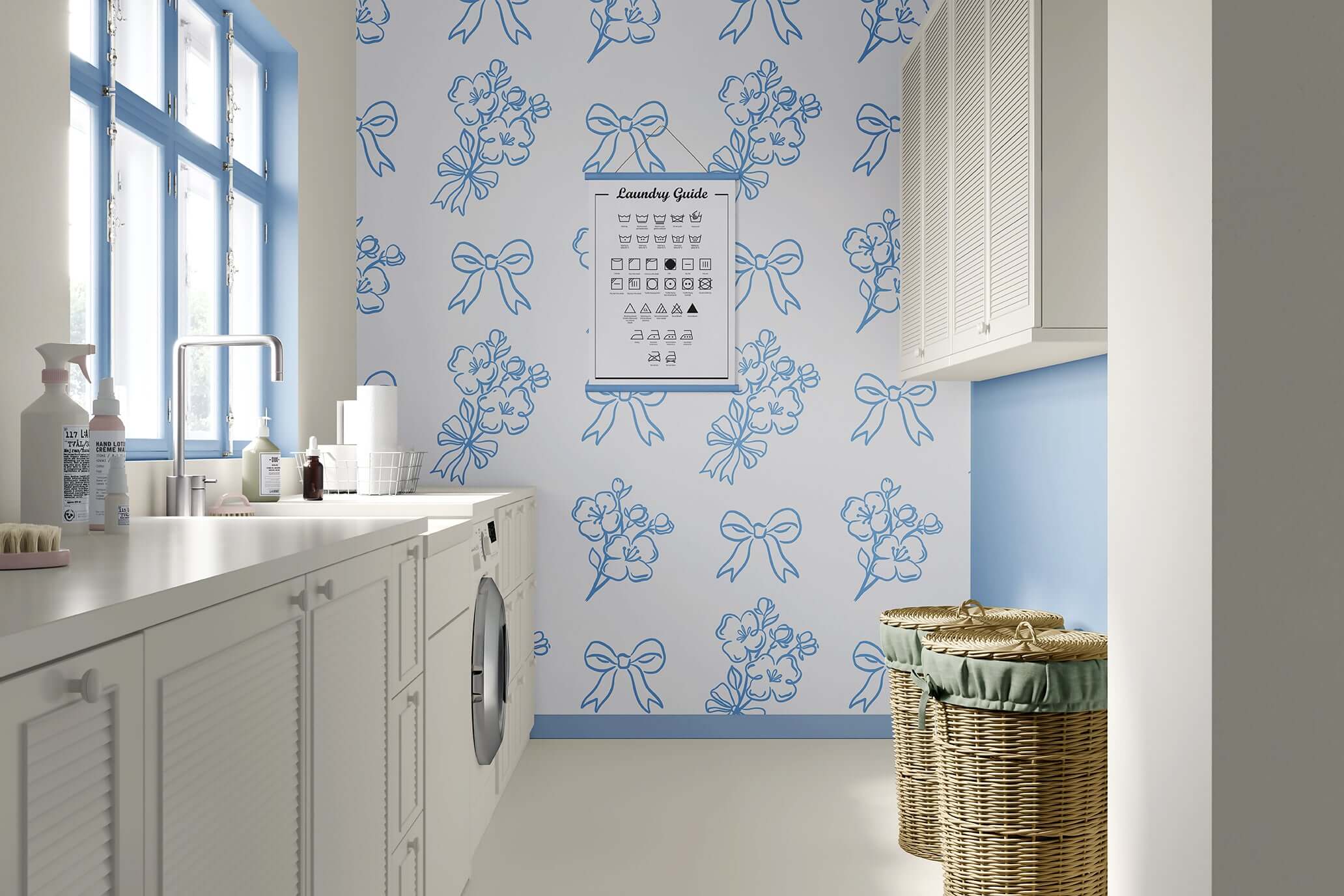 Laundry room with blue and white French wallpaper featuring hand-drawn flowers and ribbons, adding elegance and charm.