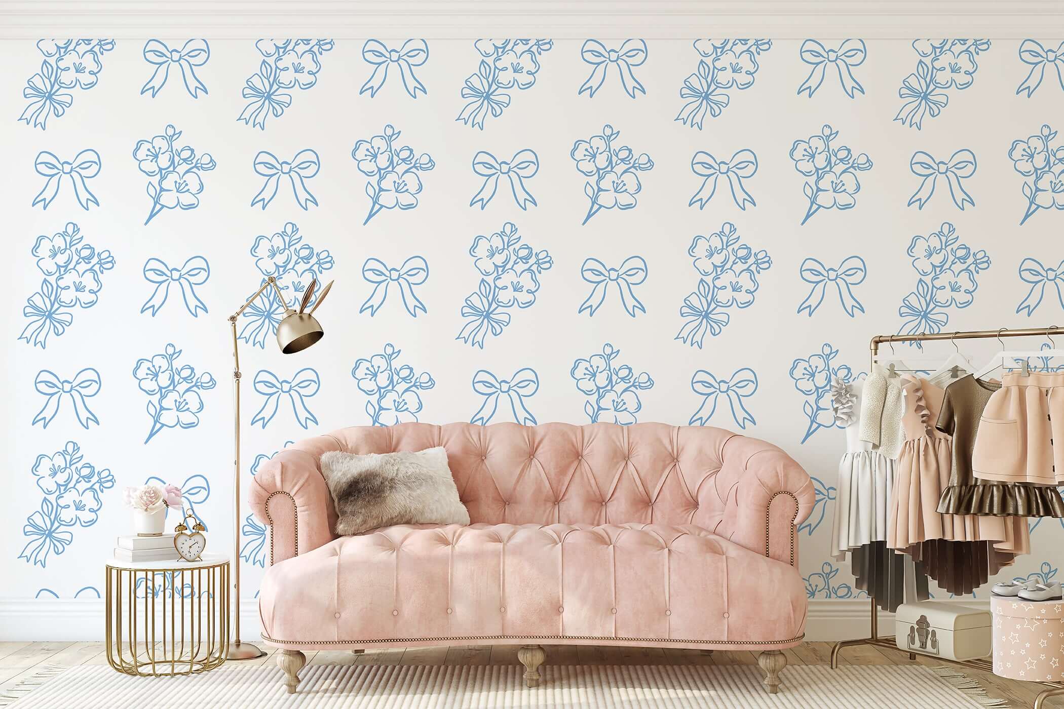 Delicate Ribbon Garden Wallpaper featuring blue floral and ribbon motifs on a white background, ideal for charming, romantic spaces.
