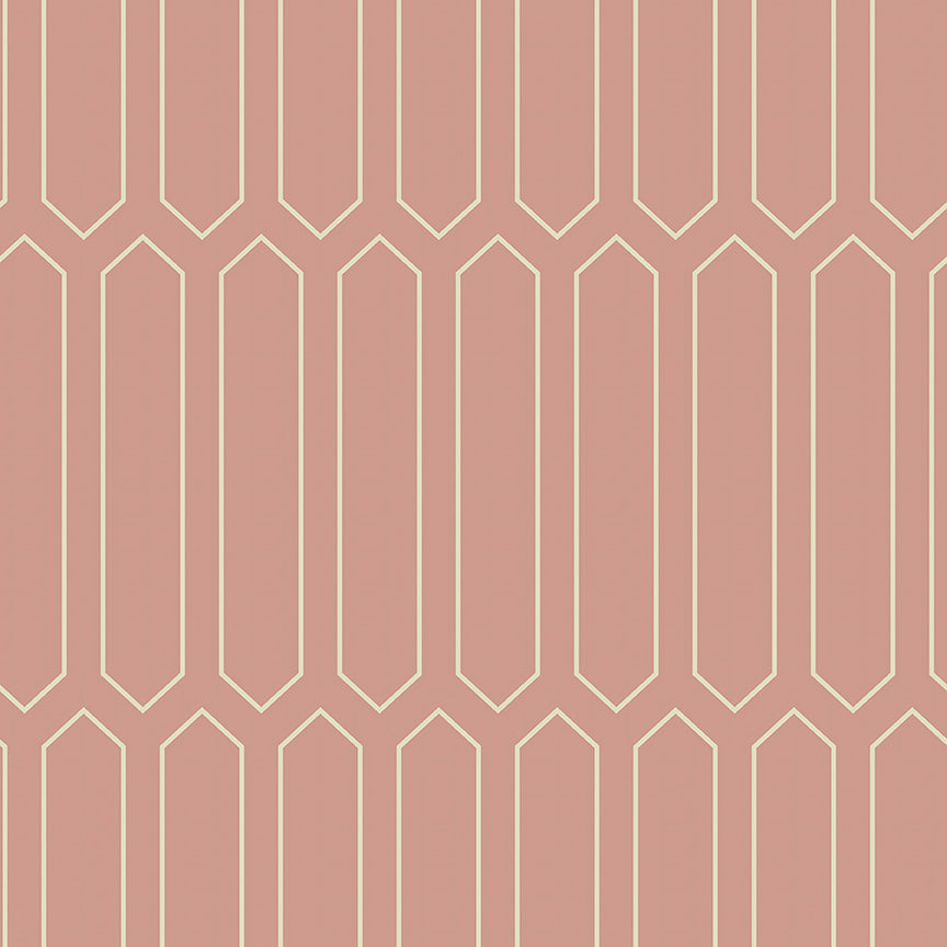 Art deco geometric pink and gold wallpaper with vertical ivory lines, retro style for modern interiors.