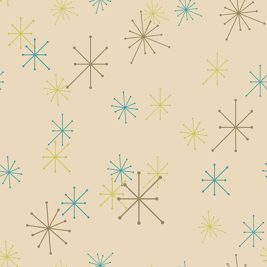 Retro wallpaper with teal blue, lime green, and mocha brown atomic starbursts on a beige background, featuring mid-century modern design.