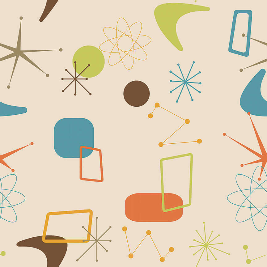 Mid-century modern wallpaper with retro geometric atomic patterns in turquoise, orange, lime, mocha on cream background.