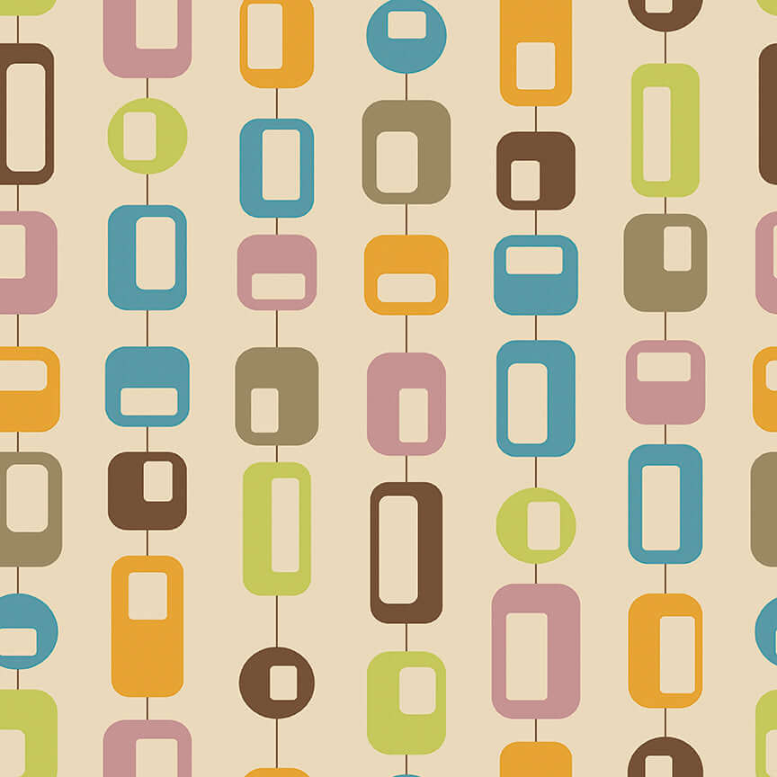 Mid-Century Link Up wallpaper featuring retro geometric shapes in teal, orange, pink, lime, and brown for a modern vintage look.