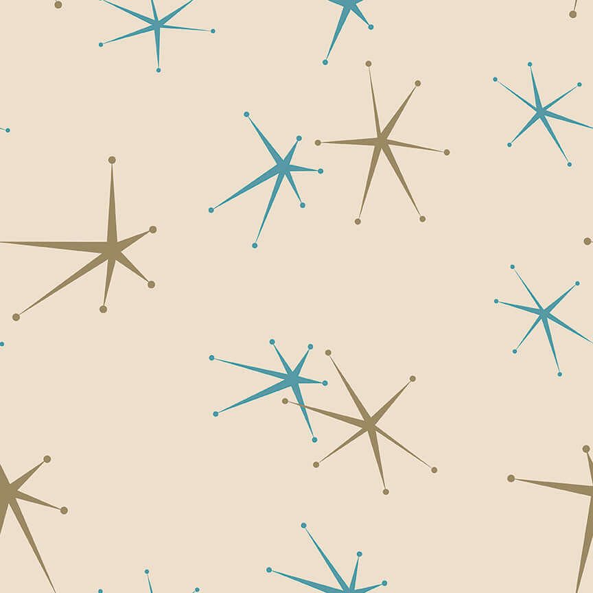 Mid-century modern retro wallpaper with teal and taupe starbursts on cream background, geometric design for vibrant interiors.