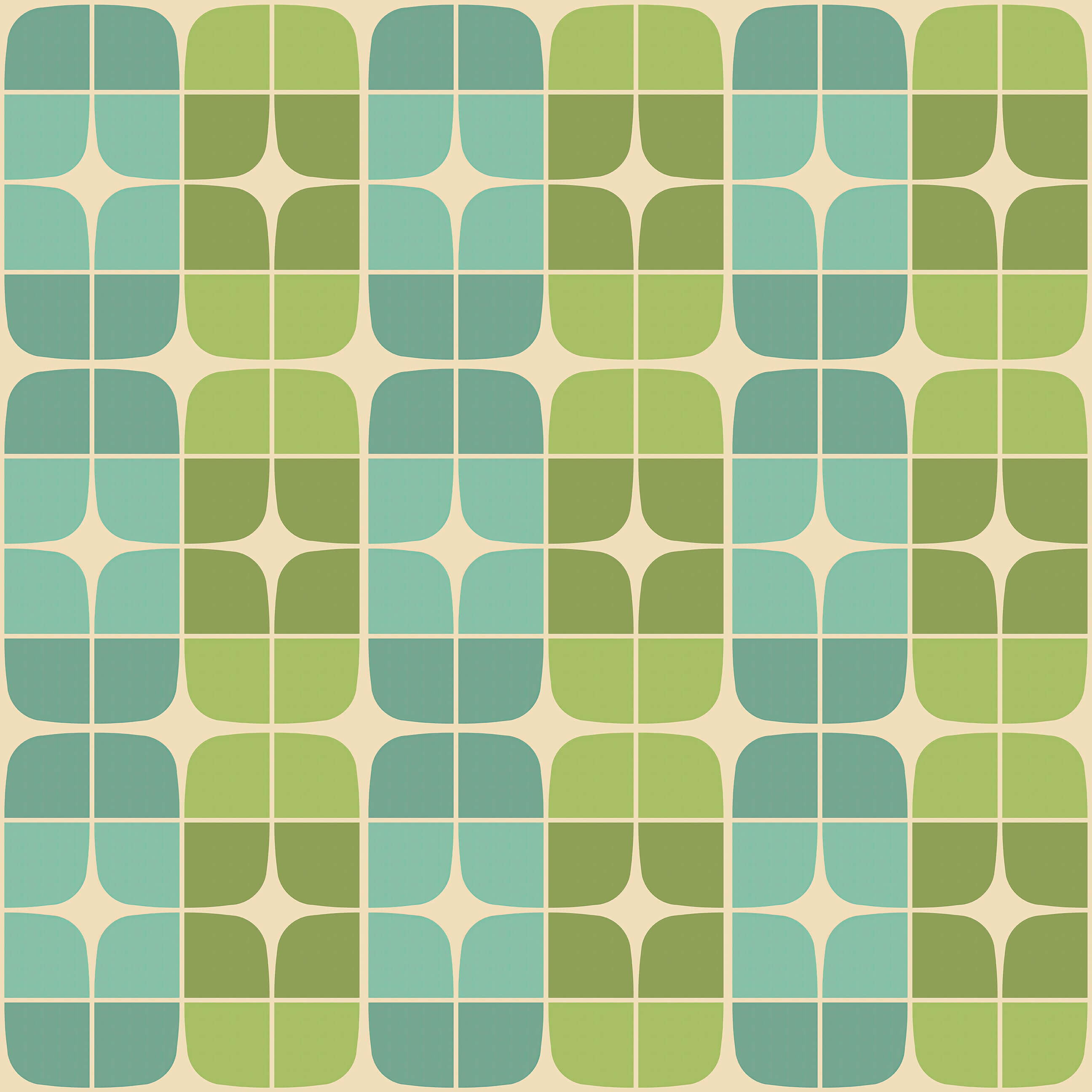 Retro geometric wallpaper featuring mid-century modern floral patterns in green and aqua, ideal for stylish interior decor.