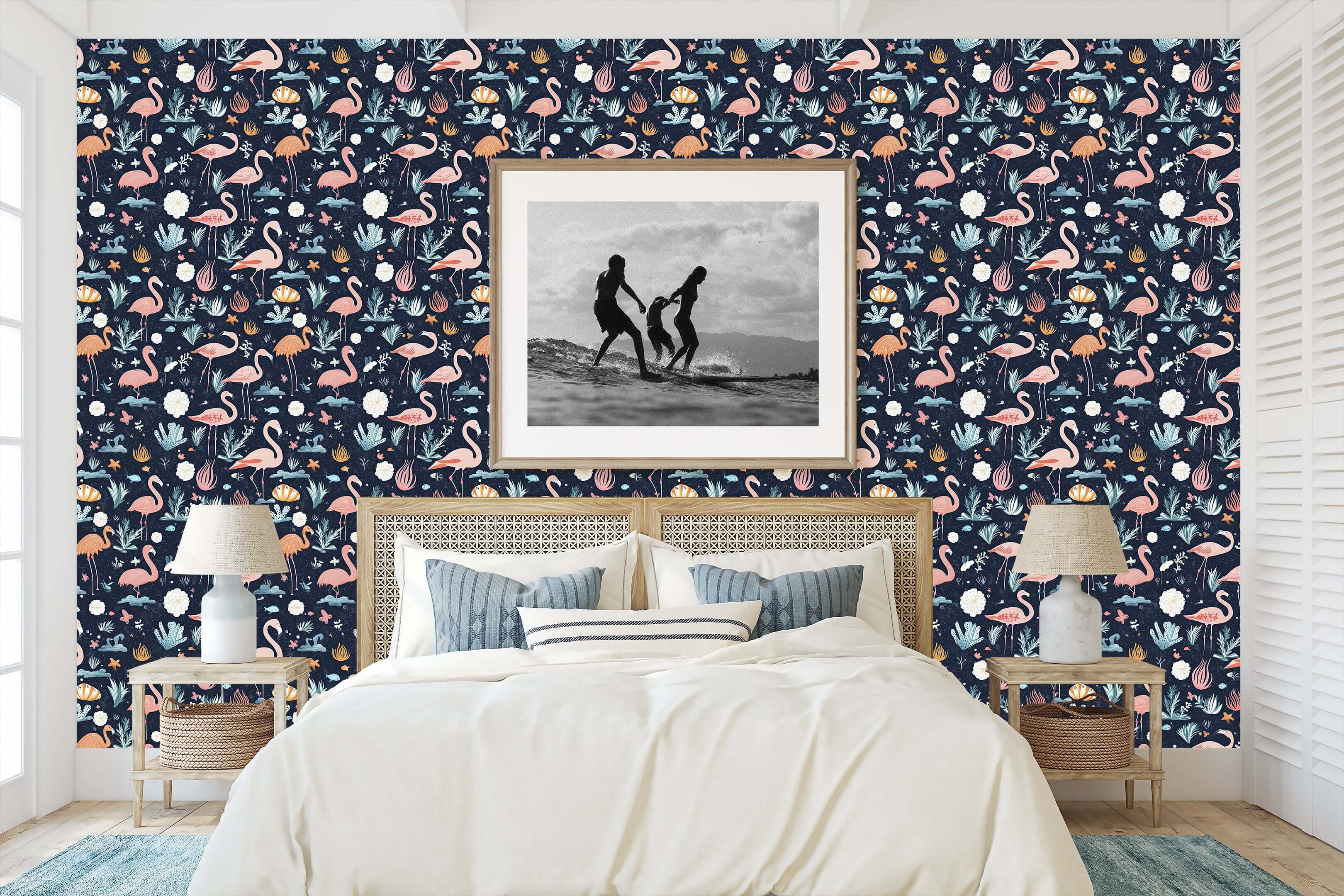 Bedroom with "Nighttime Flamingo Lagoon" coastal wallpaper featuring flamingos, perfect for children's playroom or soothing decor.