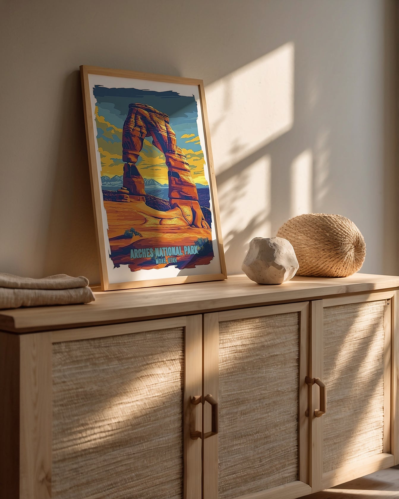 Vibrant pop art print of Delicate Arch at Arches National Park in Utah, showcasing sunset colors and desert beauty.