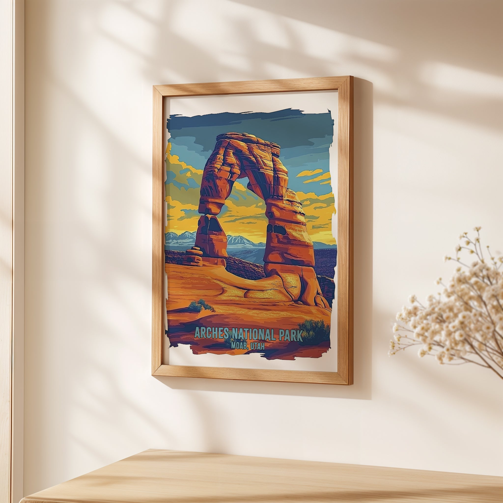 Colorful wall art print of Delicate Arch, Arches National Park, showcasing Utah's desert landscape and sunset hues.