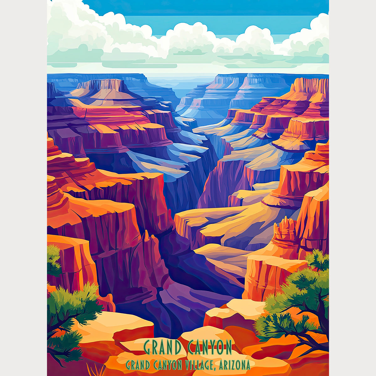 Vivid Majesty: Grand Canyon Vista wall art featuring vibrant colors of Grand Canyon, Arizona, vintage travel poster style.