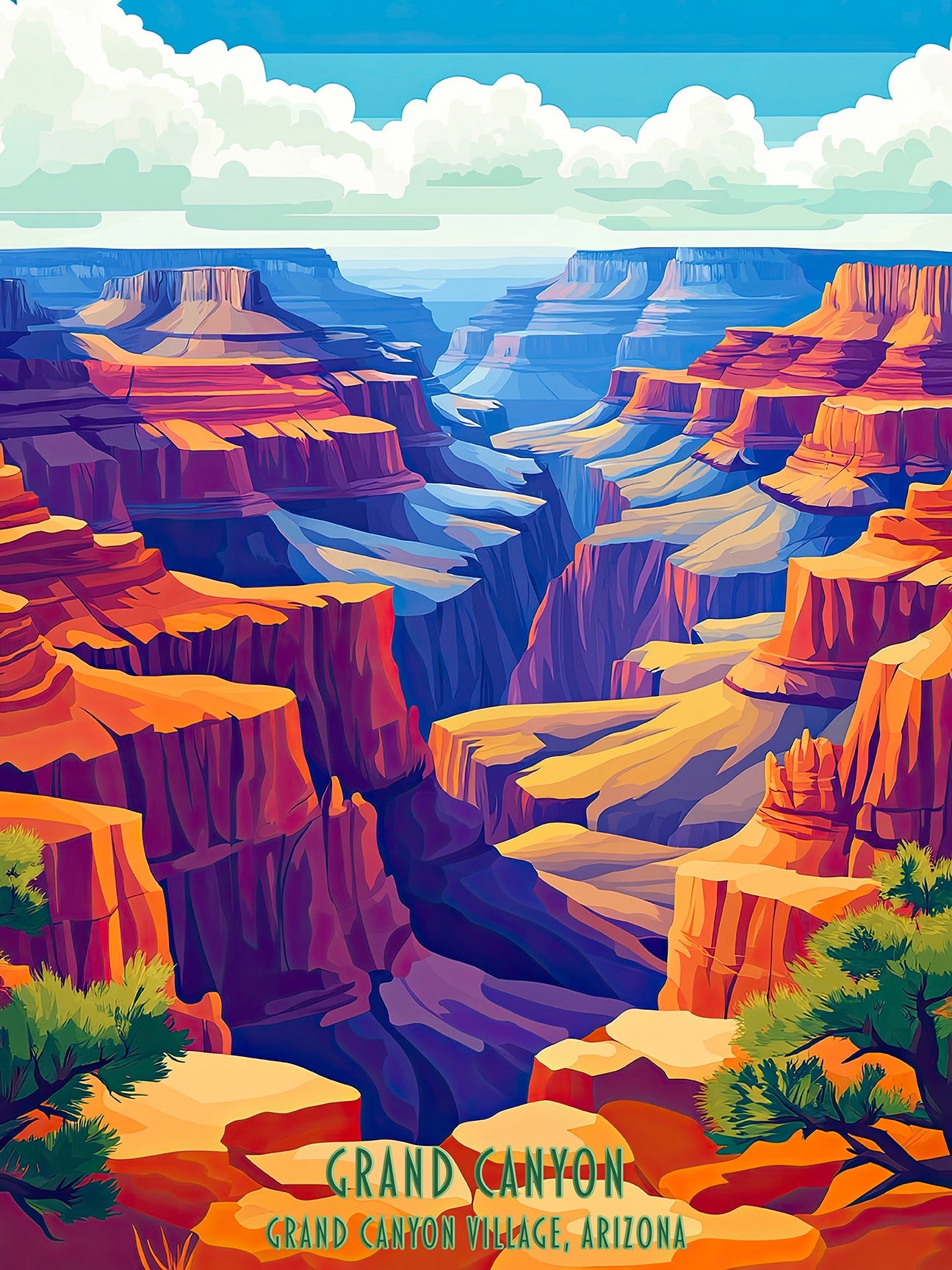 Vivid Majestic view of Grand Canyon Village, Arizona in vintage travel poster style with vibrant colors.