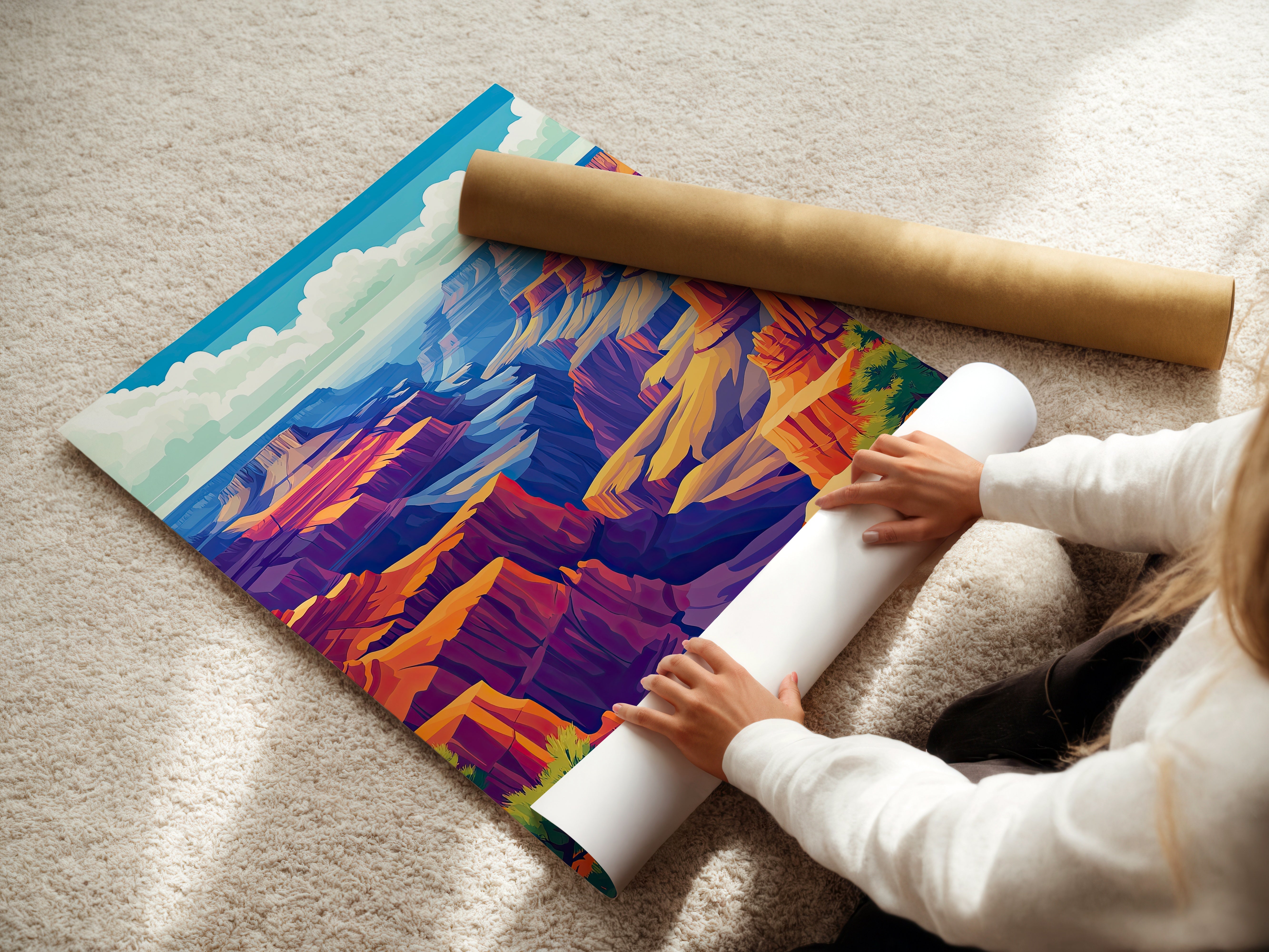 Person unrolling a vibrant Grand Canyon travel poster featuring rich colors and dramatic landscape details.