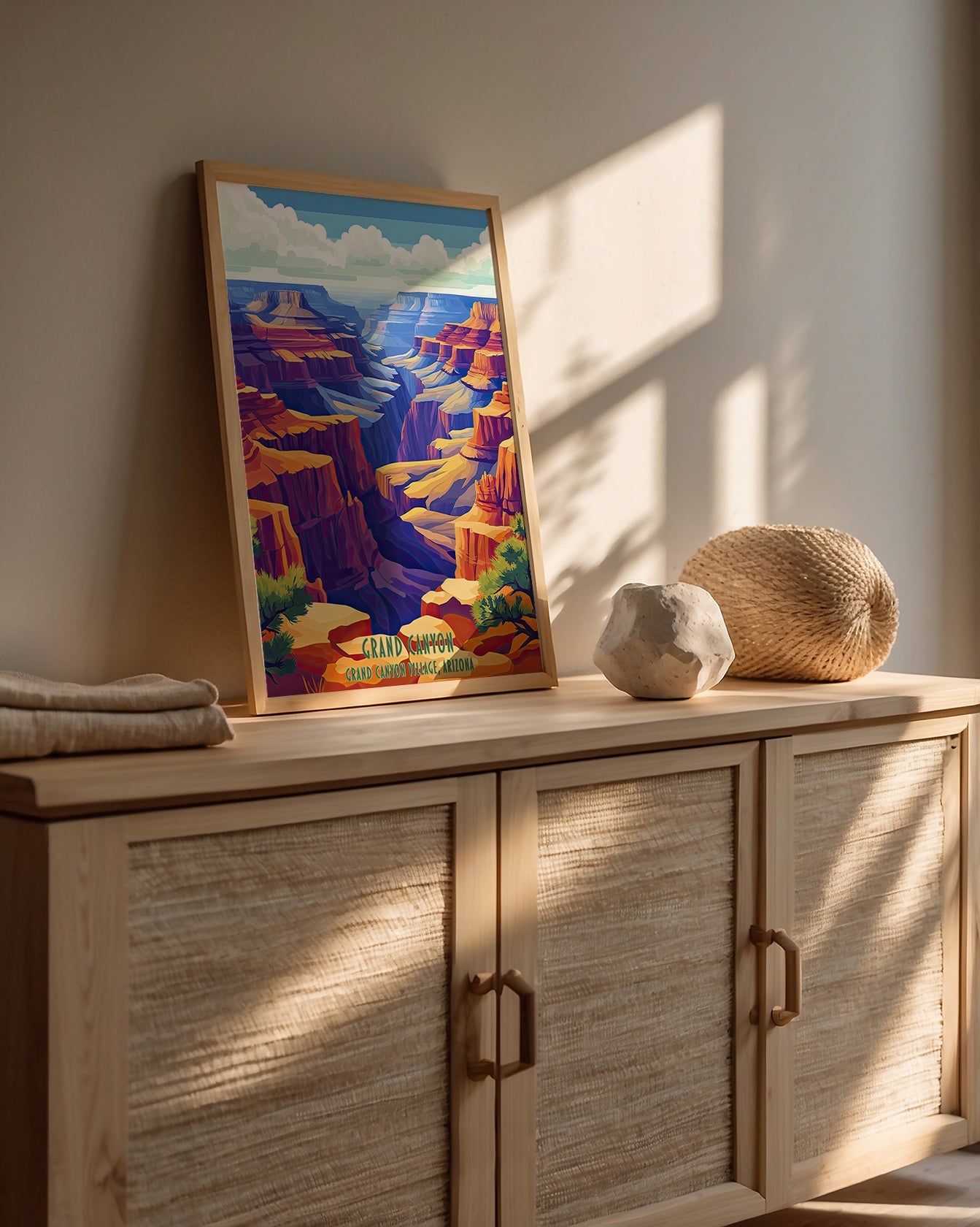 Vintage travel poster of the Grand Canyon showcasing vibrant colors and iconic cliffs in Arizona, ideal for wall art.