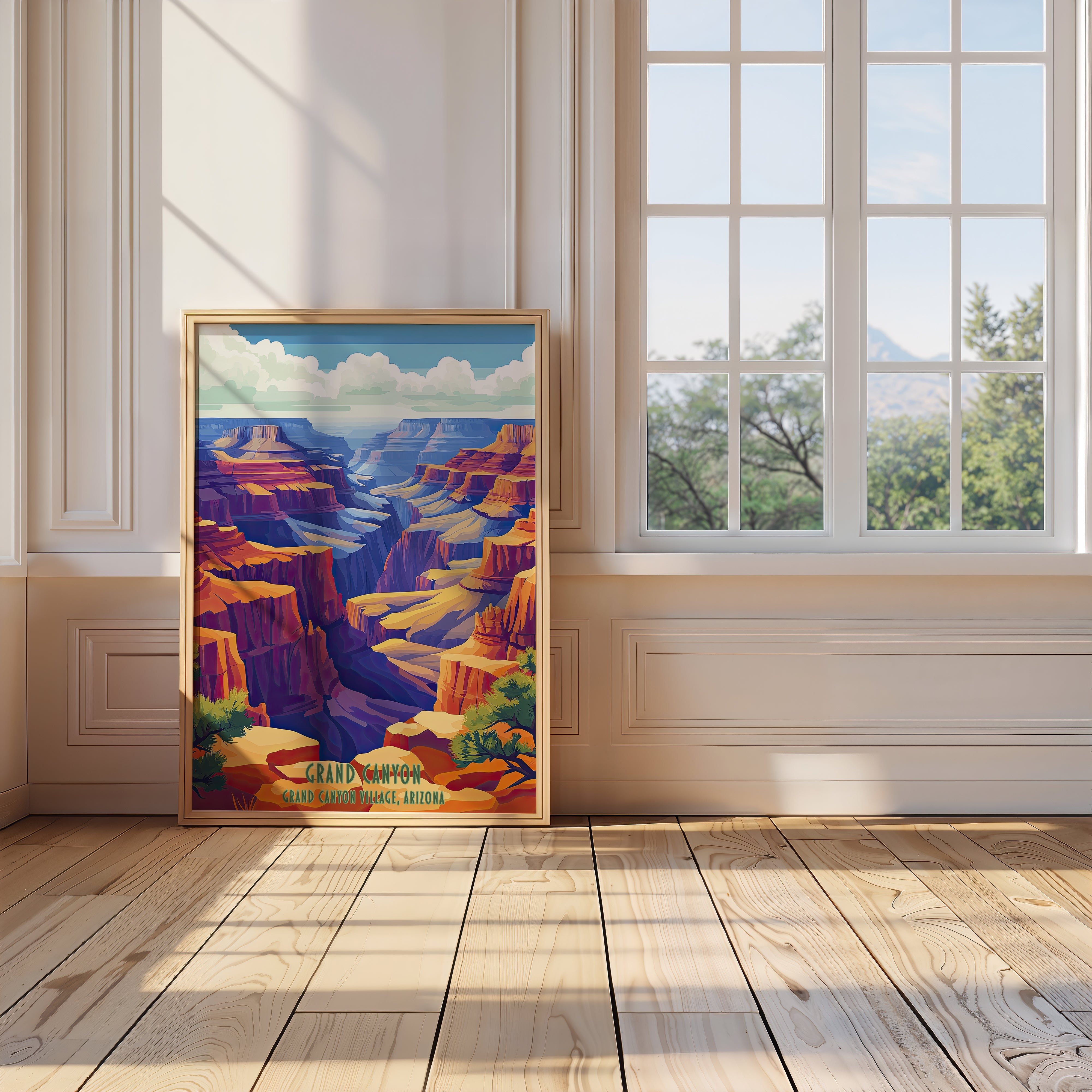 Vivid Majesty: Grand Canyon Vista vintage travel poster showcasing the colorful cliffs of Grand Canyon, Arizona.